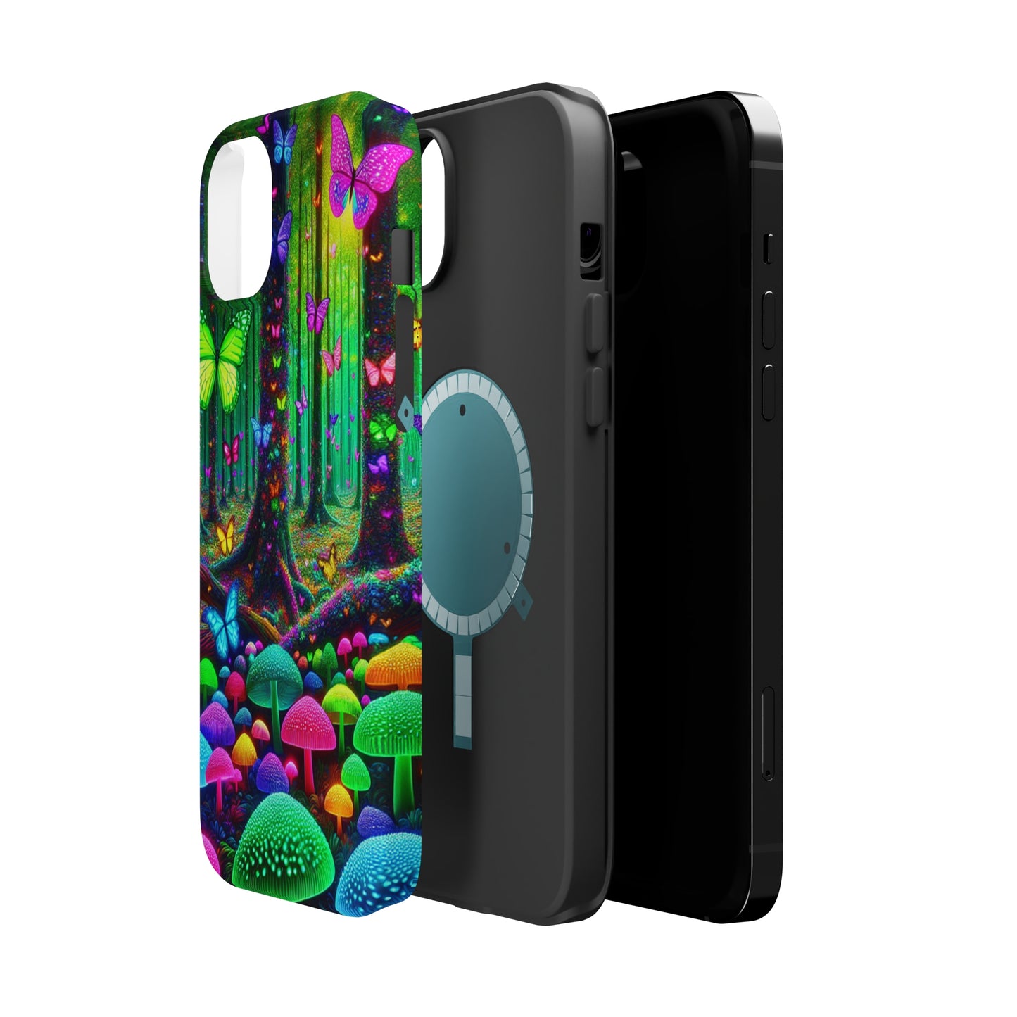 "Neon Garden Symphony". Neon Butterflies and Mushrooms Premium Art Magsafe Magnet Tough IPhone 13 14 15 Pro Plus Max and Mini in Matte and Glossy Phone cases