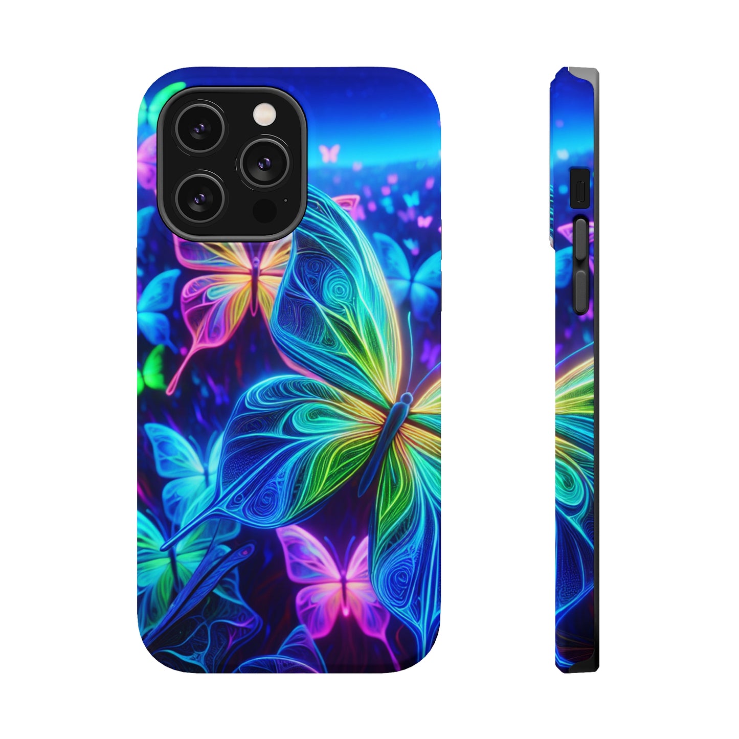 'Serene Spectacle of Neon Butterflies' Neon Butterflies Premium Art Magsafe Magnet Tough IPhone 13 14 15 Pro Plus Max and Mini in Matte and Glossy Phone cases