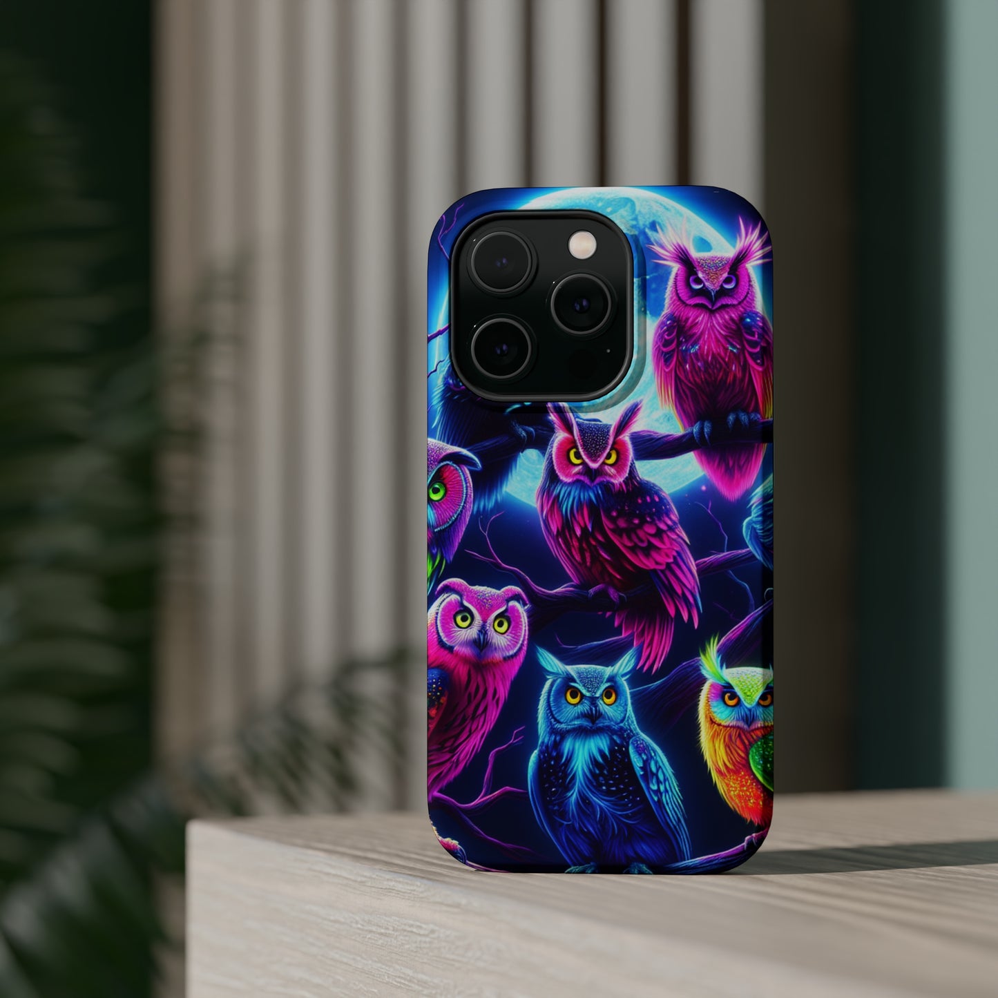 "Neon Splash of Owls" Neon Owls Premium Art Magsafe Magnet Tough IPhone 13 14 15 Pro Plus Max and Mini in Matte and Glossy Phone cases