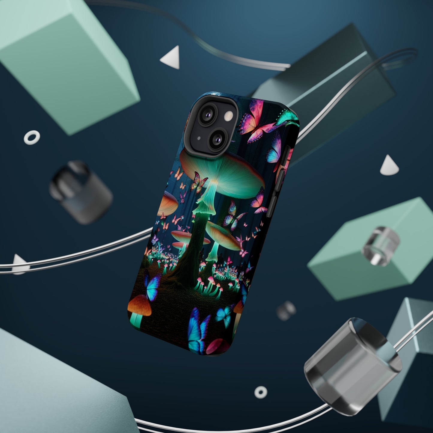Neon Garden Delight. Neon Butterflies and Mushrooms Premium Art Magsafe Magnet Tough IPhone 13 14 15 Pro Plus Max and Mini in Matte and Glossy Phone cases