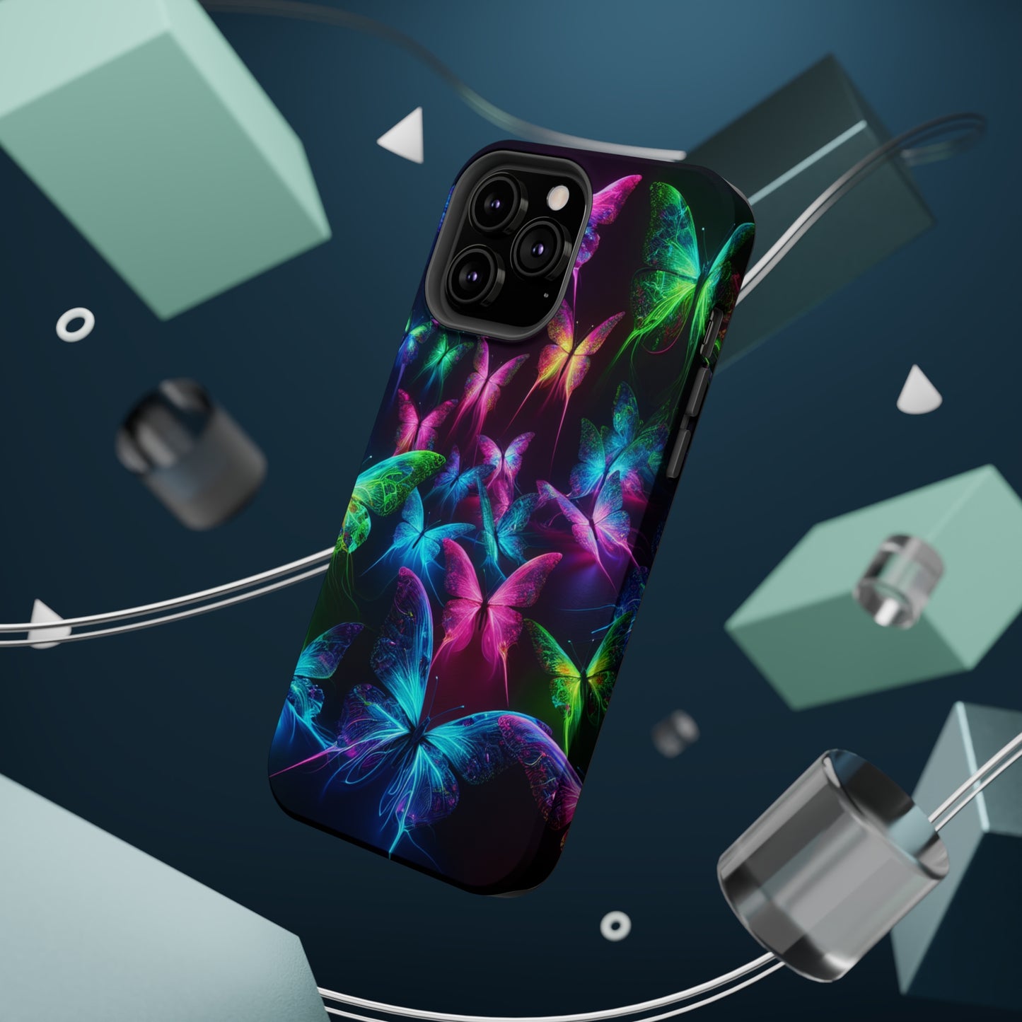'Euphoria in Neon Flight' Neon Butterflies Premium Art Magsafe Magnet Tough IPhone 13 14 15 Pro Plus Max and Mini in Matte and Glossy Phone cases