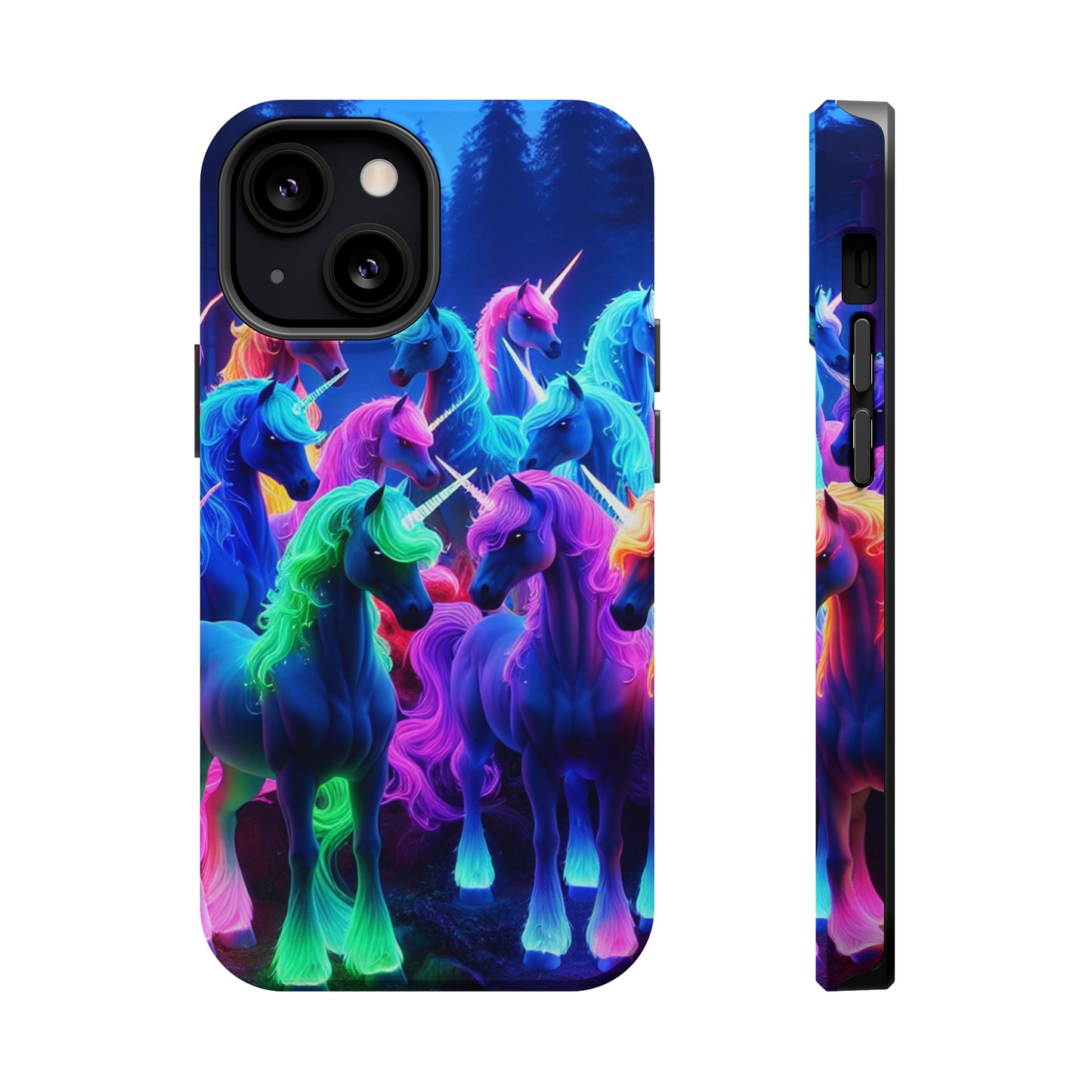 "Neon Fantasyland" Neon Unicorns Premium Art Magsafe Magnet Tough IPhone 13 14 15 Pro Plus Max and Mini in Matte and Glossy Phone cases