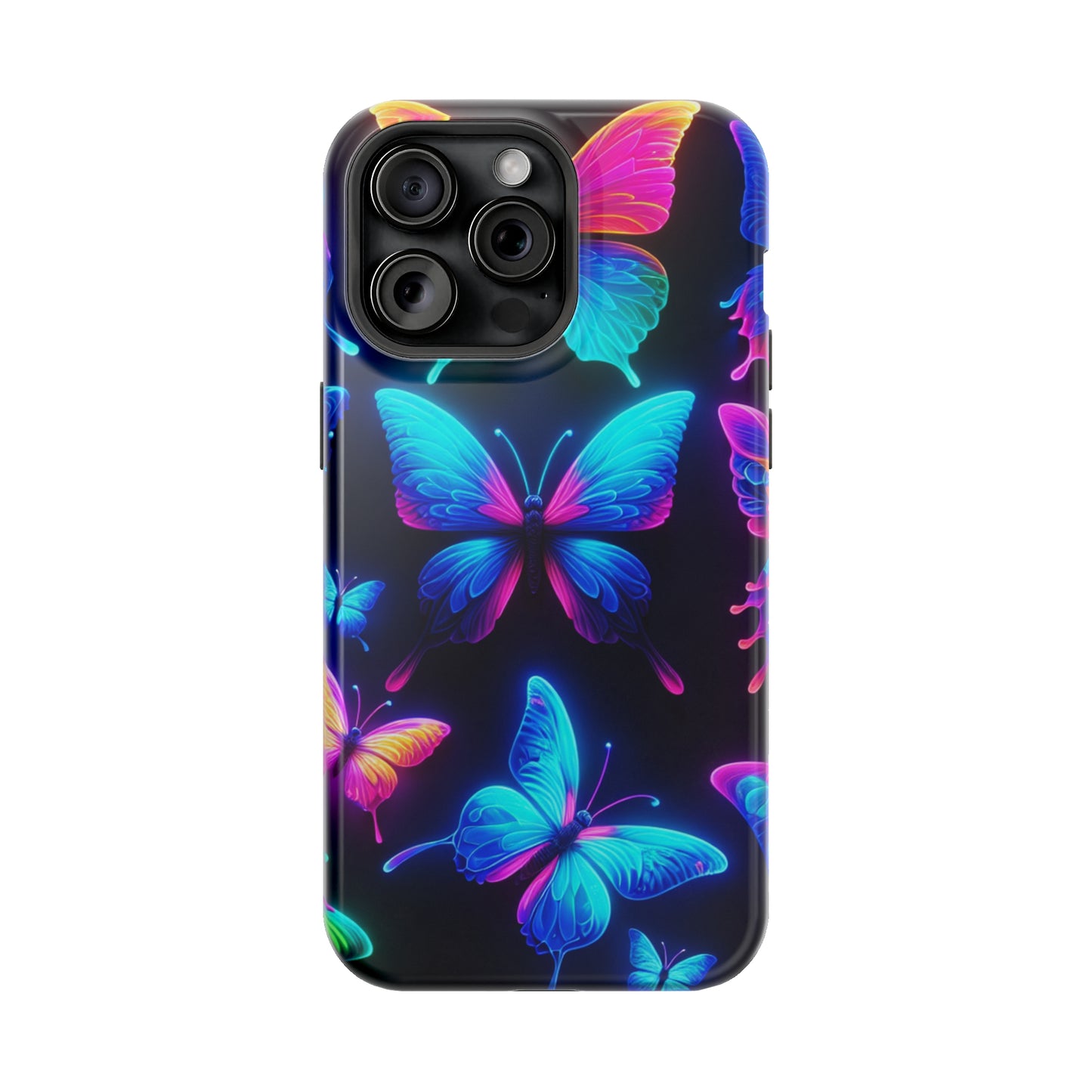 "Neon Flight Frenzy" Neon Butterflies Premium Art Magsafe Magnet Tough IPhone 13 14 15 Pro Plus Max and Mini in Matte and Glossy Phone cases