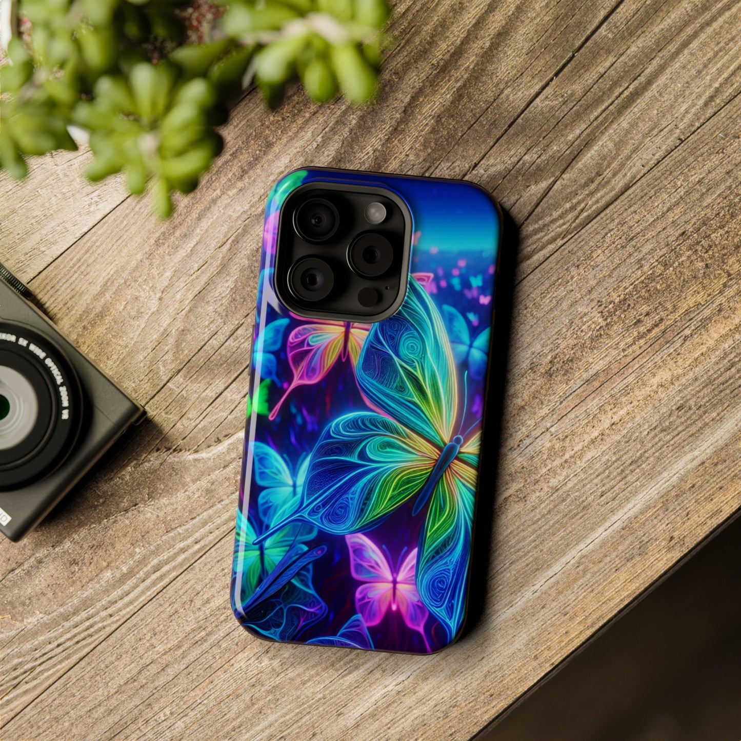 'Serene Spectacle of Neon Butterflies' Neon Butterflies Premium Art Magsafe Magnet Tough IPhone 13 14 15 Pro Plus Max and Mini in Matte and Glossy Phone cases
