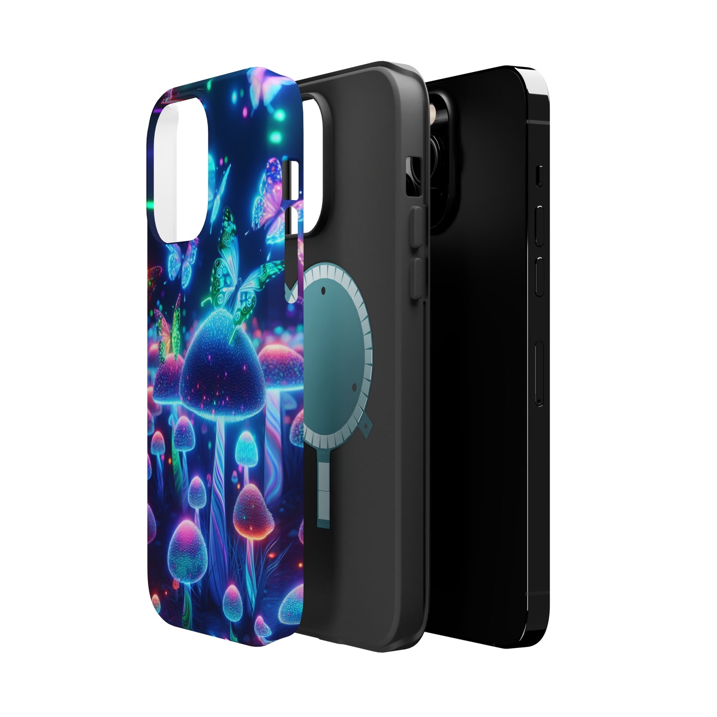 Neon Glitterbug Heaven. Neon Butterflies and Mushrooms Premium Art Magsafe Magnet Tough IPhone 13 14 15 Pro Plus Max and Mini in Matte and Glossy Phone cases