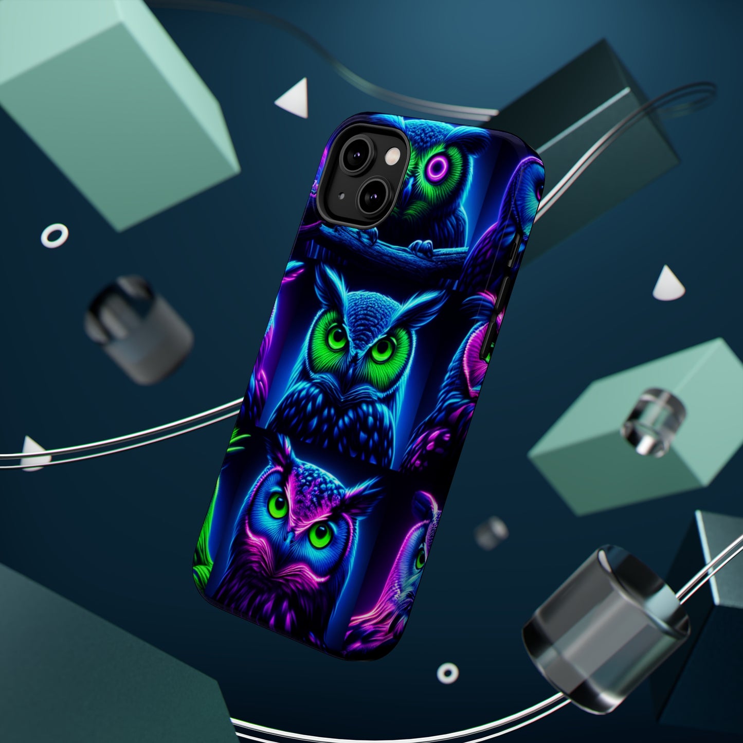 "Neon Nocturne" Neon Owls Premium Art Magsafe Magnet Tough IPhone 13 14 15 Pro Plus Max and Mini in Matte and Glossy Phone cases