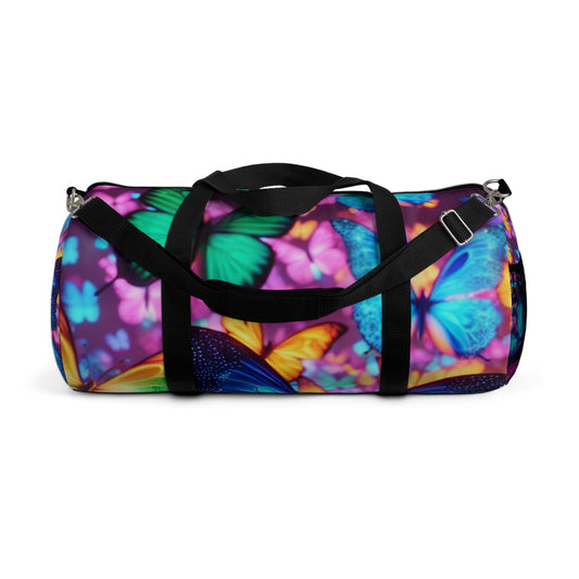 "Illuminated Flutter" - Neon Butterflies Duffle Bag