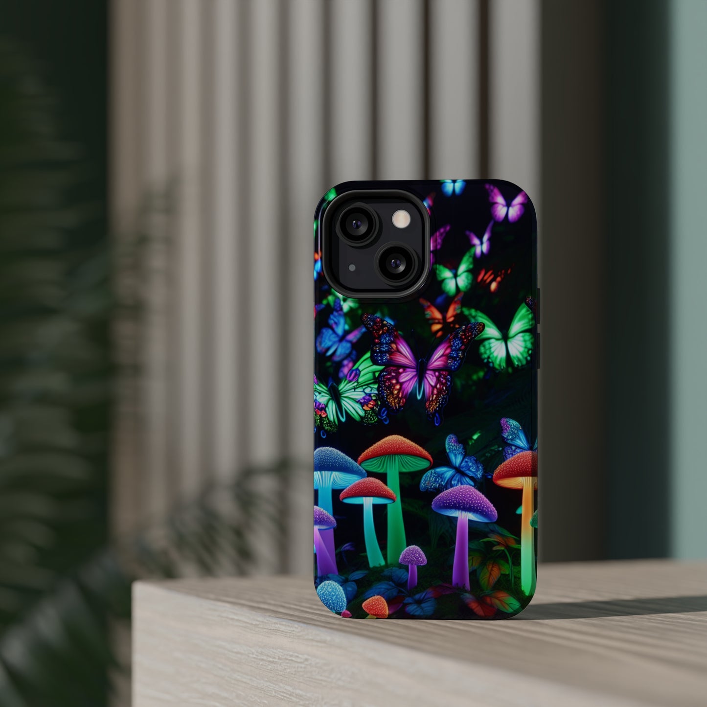 "Neon Burst Wonderland". Neon Butterflies and Mushrooms Premium Art Magsafe Magnet Tough IPhone 13 14 15 Pro Plus Max and Mini in Matte and Glossy Phone cases