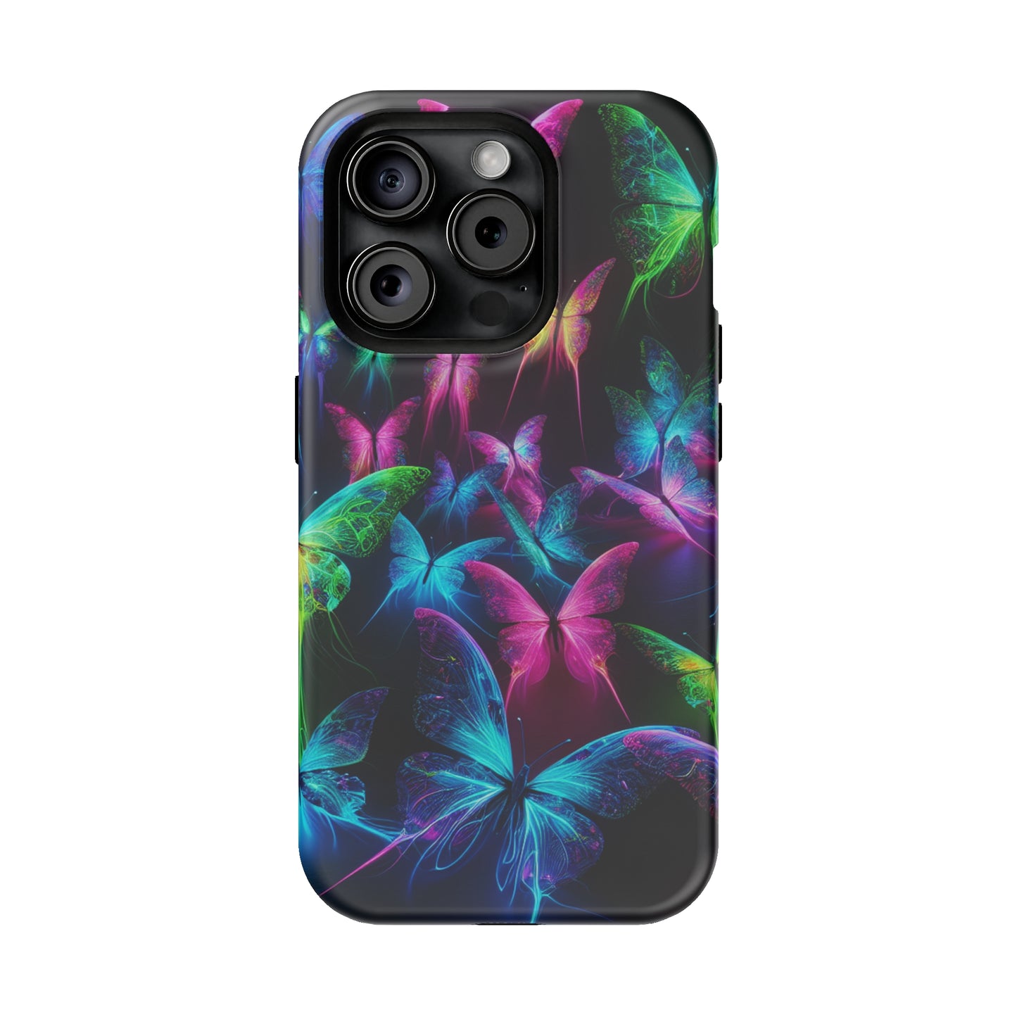 'Euphoria in Neon Flight' Neon Butterflies Premium Art Magsafe Magnet Tough IPhone 13 14 15 Pro Plus Max and Mini in Matte and Glossy Phone cases