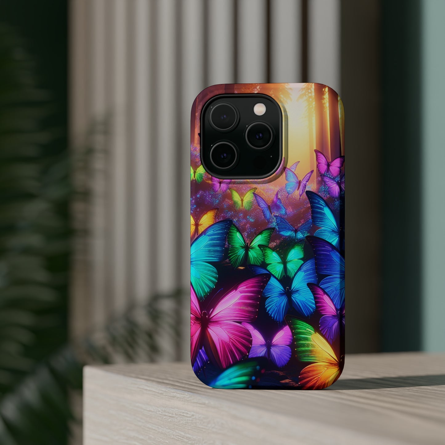 "Radiant Glowing Flight" Neon Butterflies Premium Art Magsafe Magnet Tough IPhone 13 14 15 Pro Plus Max and Mini in Matte and Glossy Phone cases