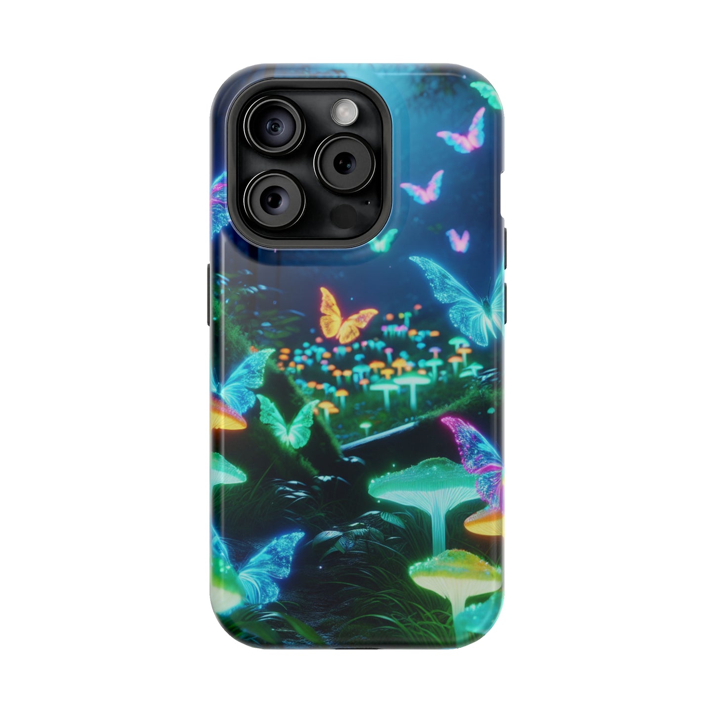 "Neon Meadow" Neon Butterflies and Mushrooms Premium Art Magsafe Magnet Tough IPhone 13 14 15 Pro Plus Max and Mini in Matte and Glossy Phone cases