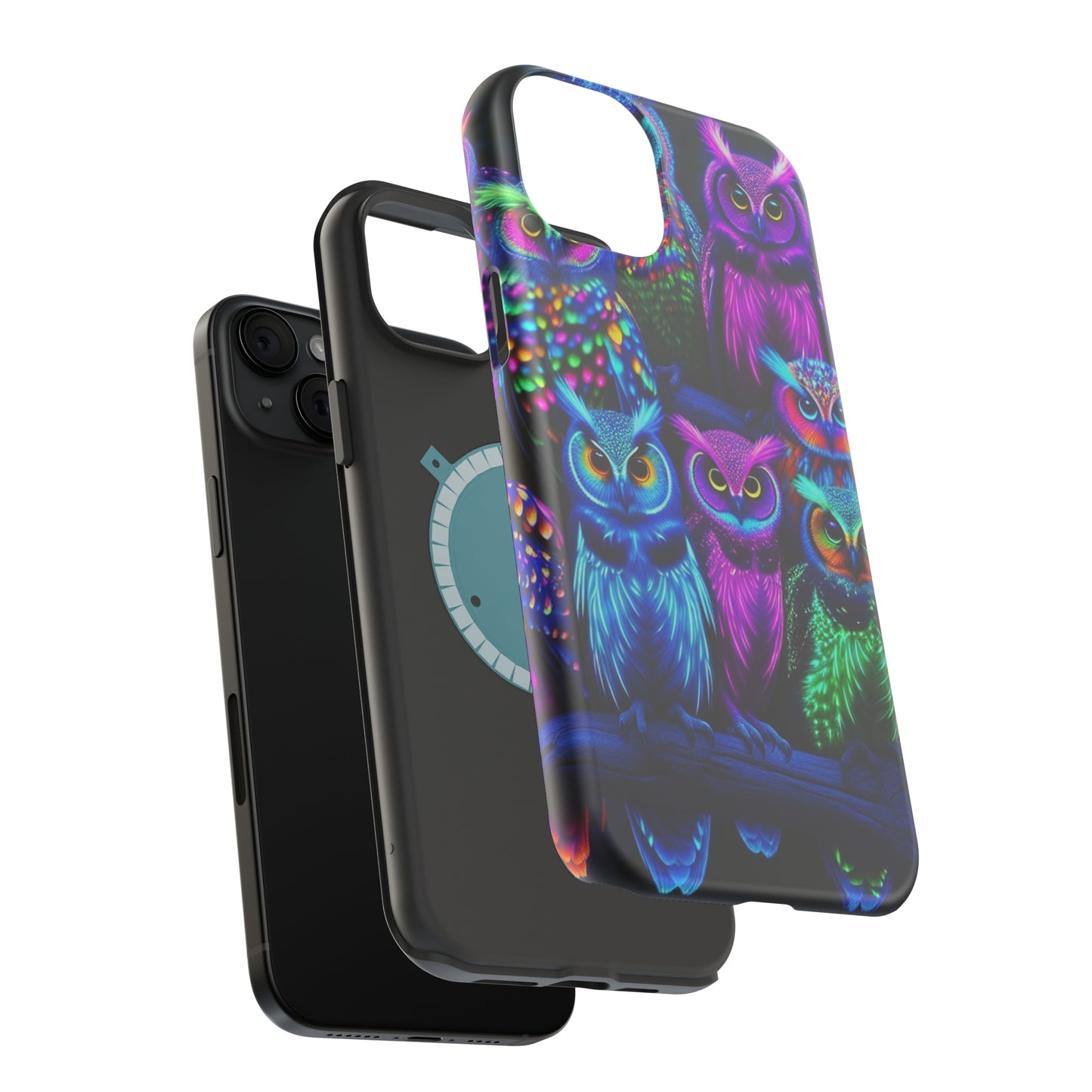 "Neon Nocturne" Neon Owls Premium Art Magsafe Magnet Tough IPhone 13 14 15 Pro Plus Max and Mini in Matte and Glossy Phone cases