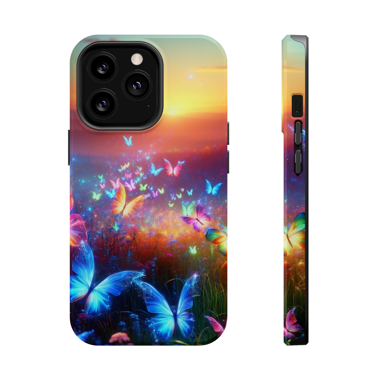 Neon Flight Fantasy Neon Butterflies Premium Art Magsafe Magnet Tough IPhone 13 14 15 Pro Plus Max and Mini in Matte and Glossy Phone cases