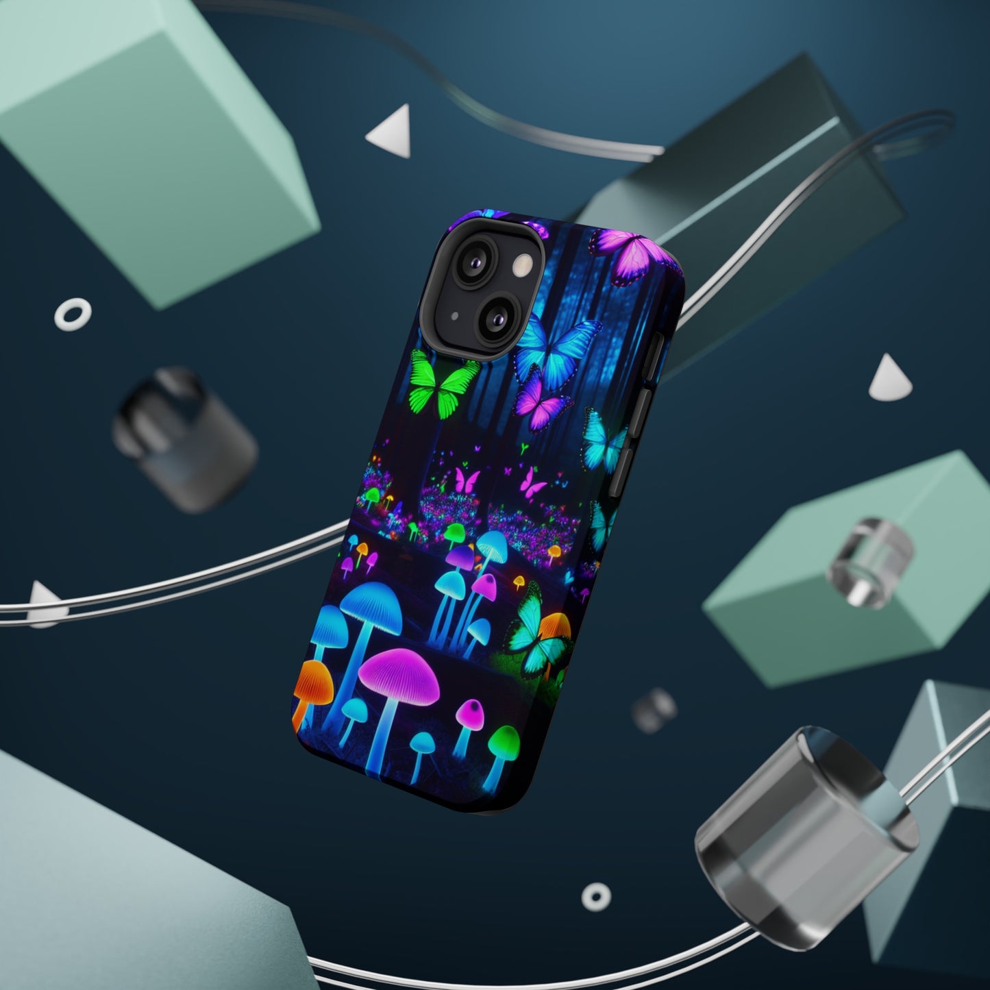 Neon Spectacle. Neon Butterflies and Mushrooms Premium Art Magsafe Magnet Tough IPhone 13 14 15 Pro Plus Max and Mini in Matte and Glossy Phone cases