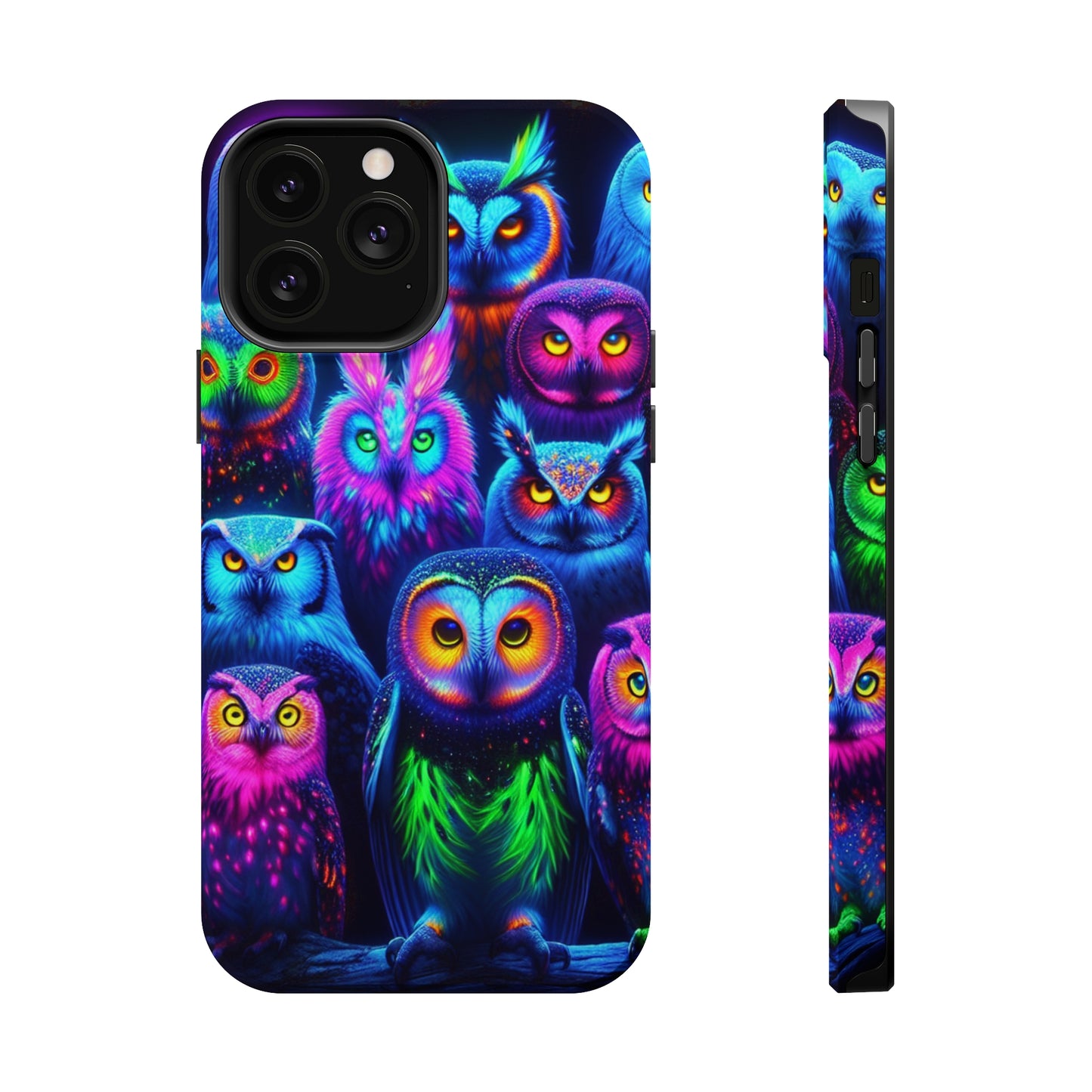 Neon Nocturnal Nook Neon Owls Premium Art Magsafe Magnet Tough IPhone 13 14 15 Pro Plus Max and Mini in Matte and Glossy Phone cases