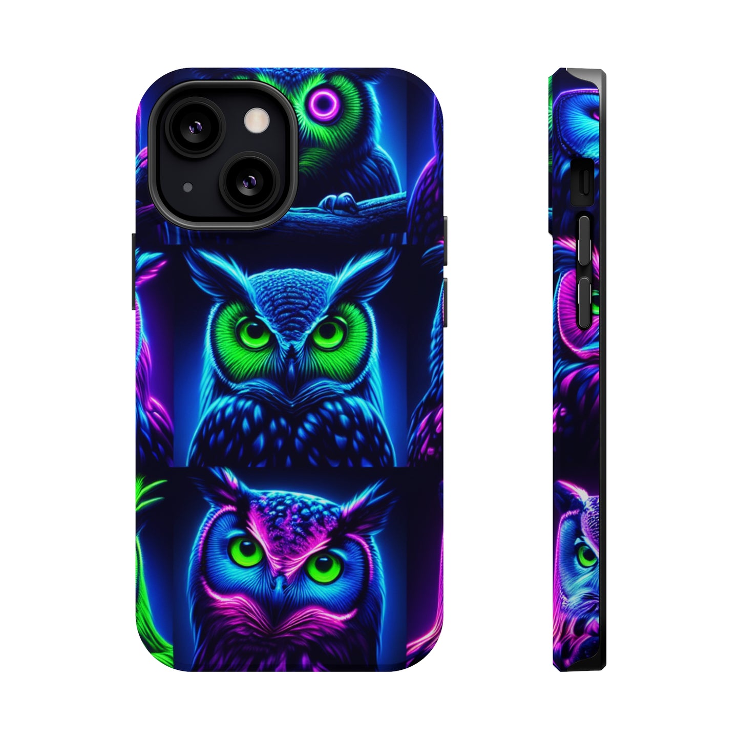 "Neon Nocturne" Neon Owls Premium Art Magsafe Magnet Tough IPhone 13 14 15 Pro Plus Max and Mini in Matte and Glossy Phone cases
