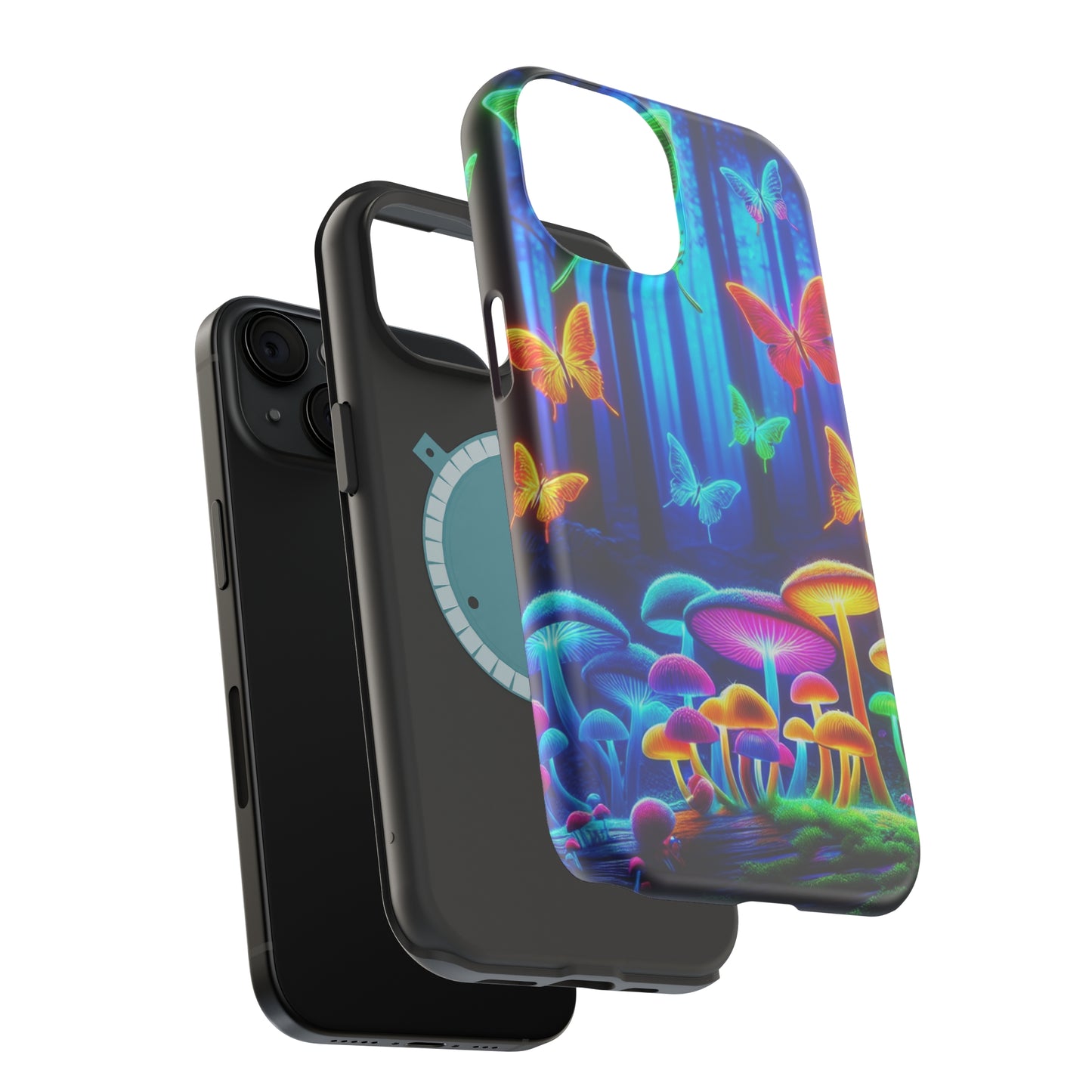 "Neon Garden Delight" Neon Butterflies and Mushrooms Premium Art Magsafe Magnet Tough IPhone 13 14 15 Pro Plus Max and Mini in Matte and Glossy Phone cases