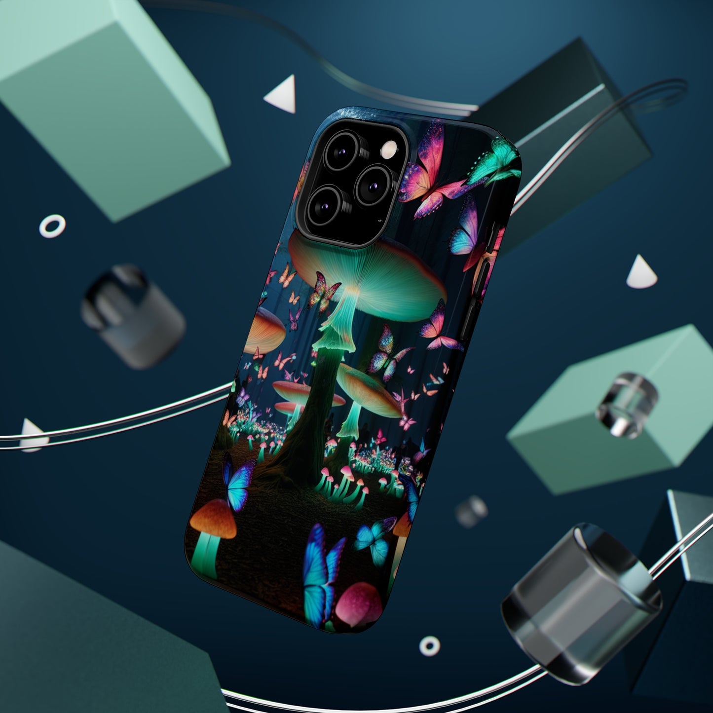 Neon Garden Delight. Neon Butterflies and Mushrooms Premium Art Magsafe Magnet Tough IPhone 13 14 15 Pro Plus Max and Mini in Matte and Glossy Phone cases