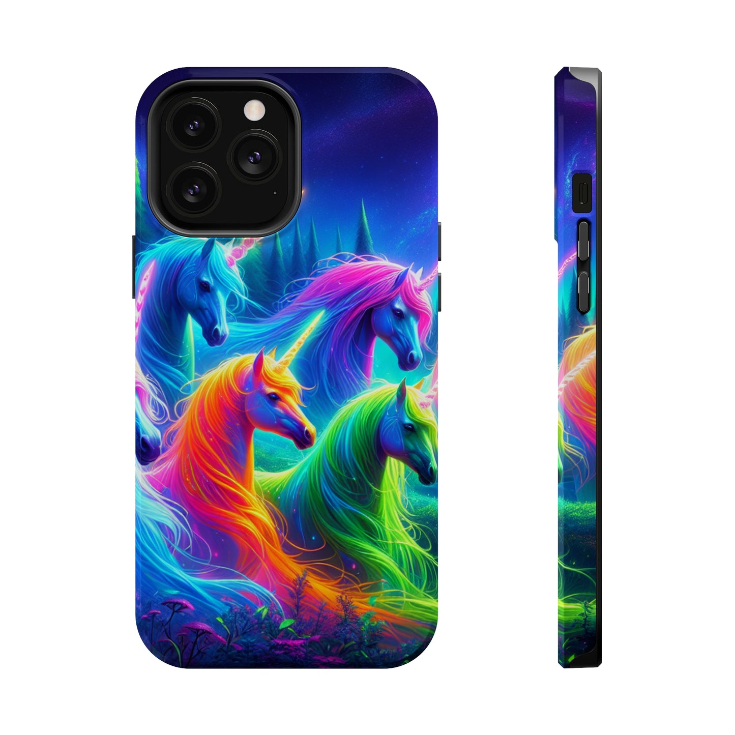 "Vibrant Neon Unicorn Rainbow" Neon Unicorns Premium Art Magsafe Magnet Tough IPhone 13 14 15 Pro Plus Max and Mini in Matte and Glossy Phone cases