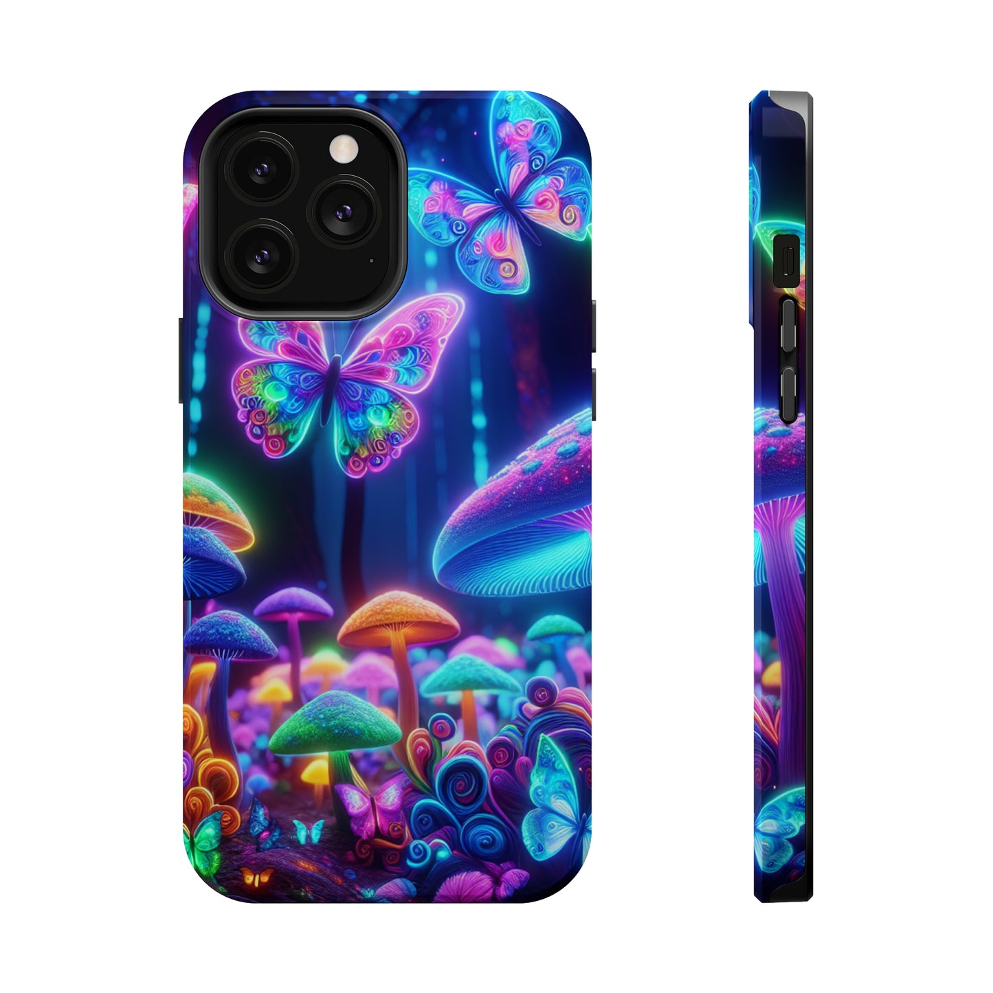 Neon Ecstasy. Neon Butterflies and Mushrooms Premium Art Magsafe Magnet Tough IPhone 13 14 15 Pro Plus Max and Mini in Matte and Glossy Phone cases