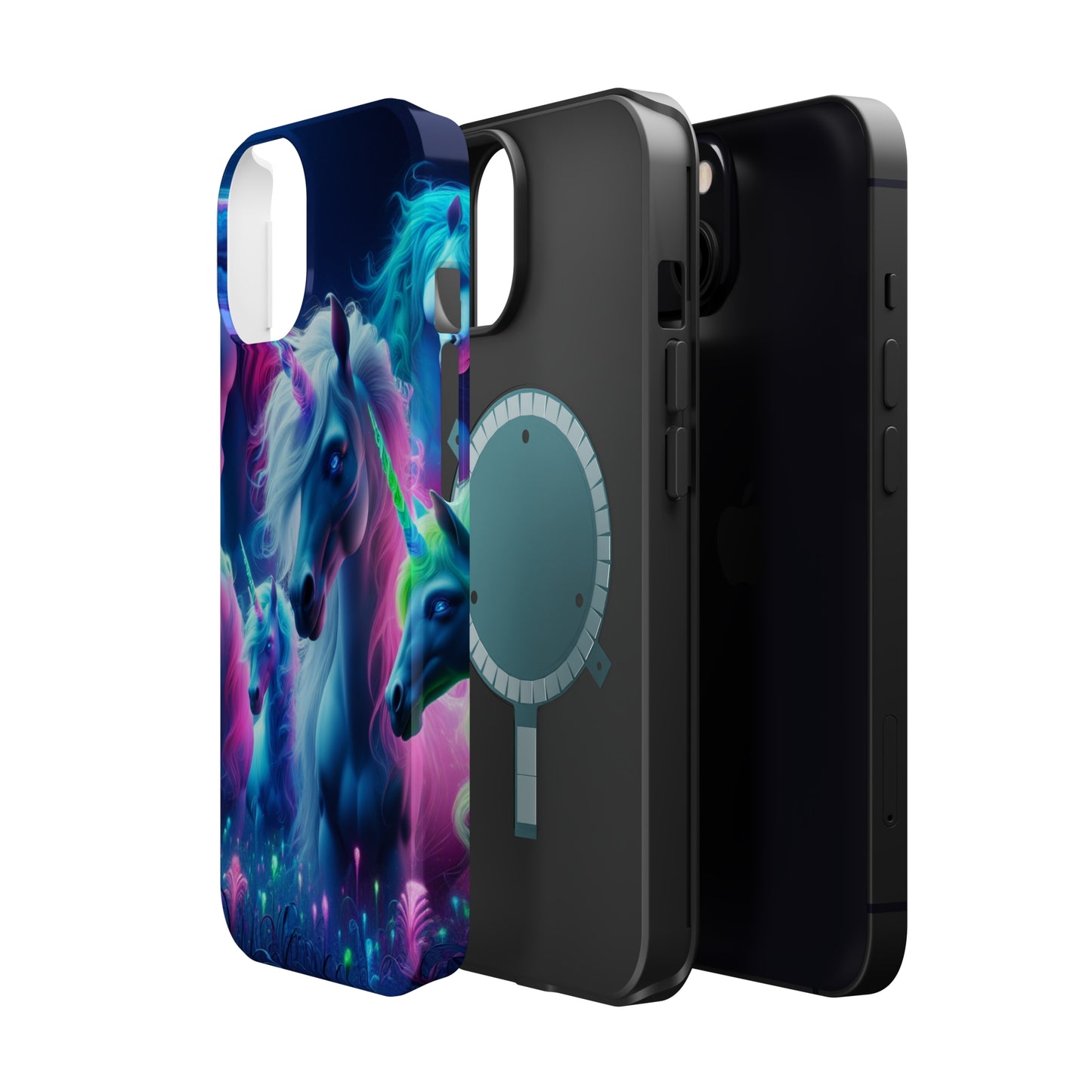 "Unicorn Flux-scape" Neon Unicorns Premium Art Magsafe Magnet Tough IPhone 13 14 15 Pro Plus Max and Mini in Matte and Glossy Phone cases