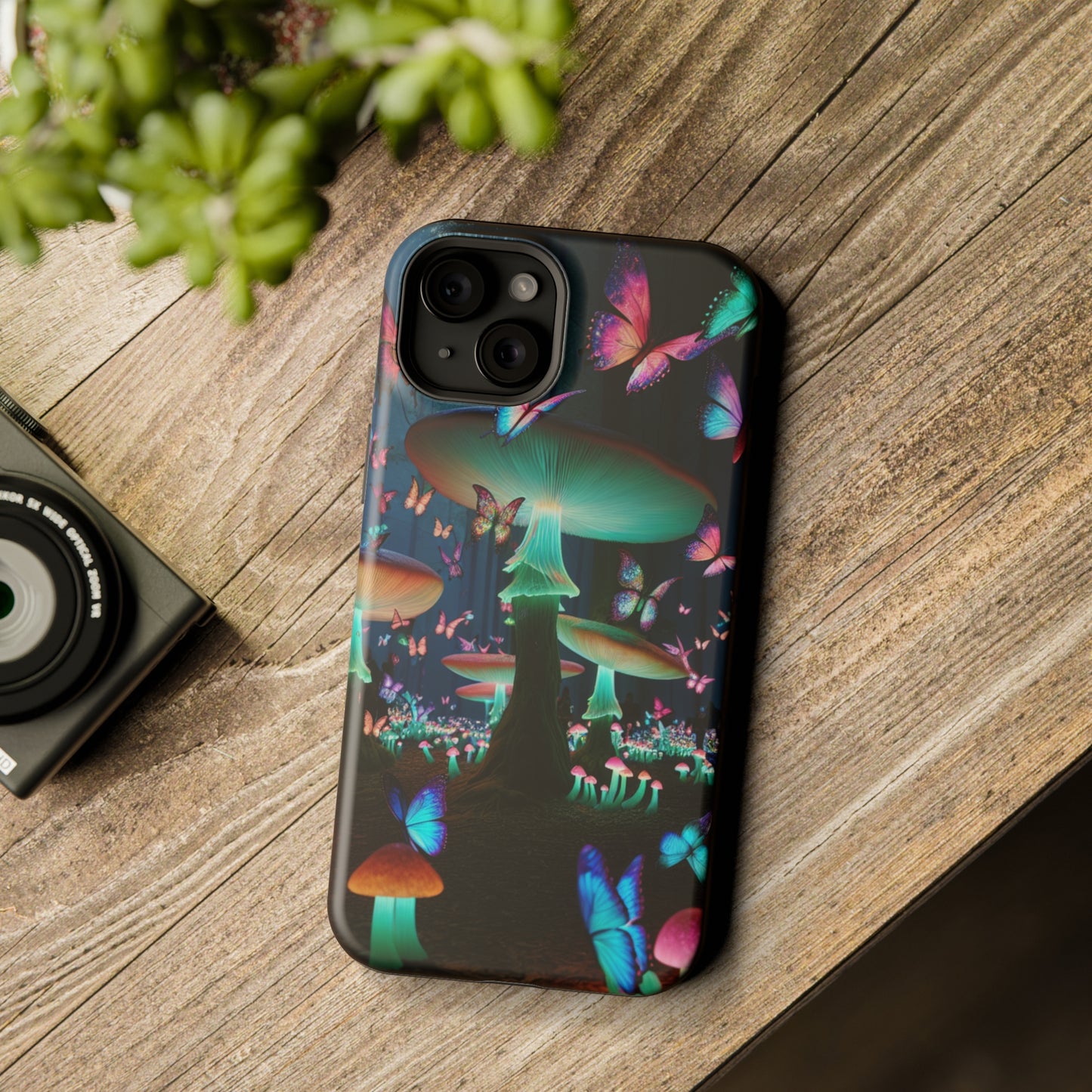 Neon Garden Delight. Neon Butterflies and Mushrooms Premium Art Magsafe Magnet Tough IPhone 13 14 15 Pro Plus Max and Mini in Matte and Glossy Phone cases