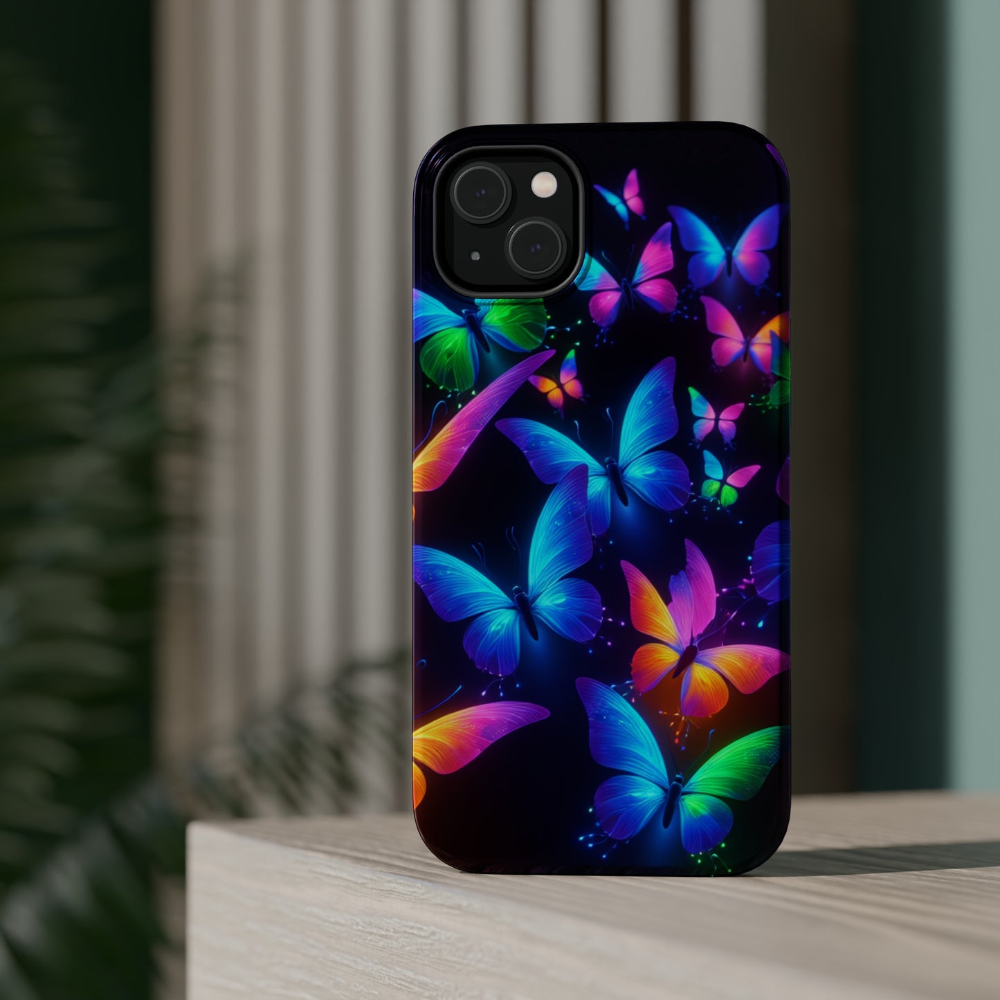 "Vibrant Neon Flutter" Neon Butterflies Premium Art Magsafe Magnet Tough IPhone 13 14 15 Pro Plus Max and Mini in Matte and Glossy Phone cases