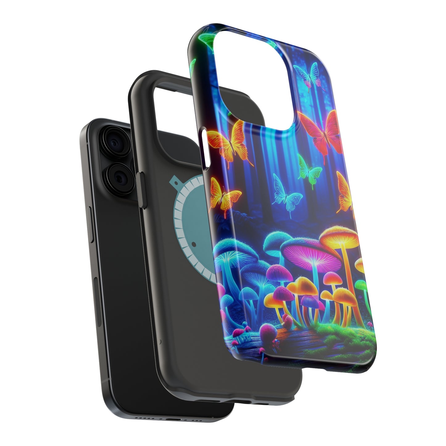 "Neon Garden Delight" Neon Butterflies and Mushrooms Premium Art Magsafe Magnet Tough IPhone 13 14 15 Pro Plus Max and Mini in Matte and Glossy Phone cases