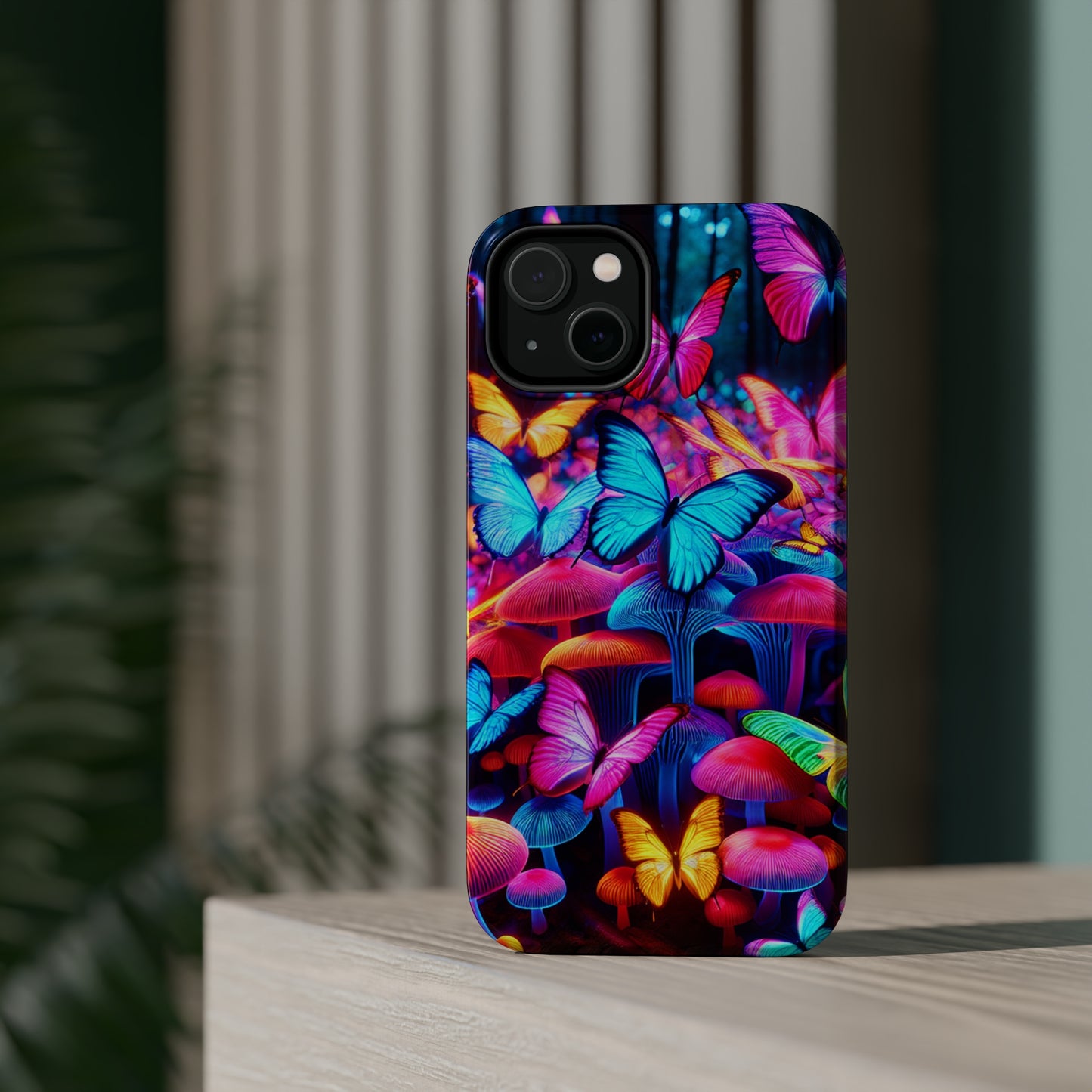 "Neon Tie-Dye Garden" Neon Butterflies and Mushrooms Premium Art Magsafe Magnet Tough IPhone 13 14 15 Pro Plus Max and Mini in Matte and Glossy Phone cases