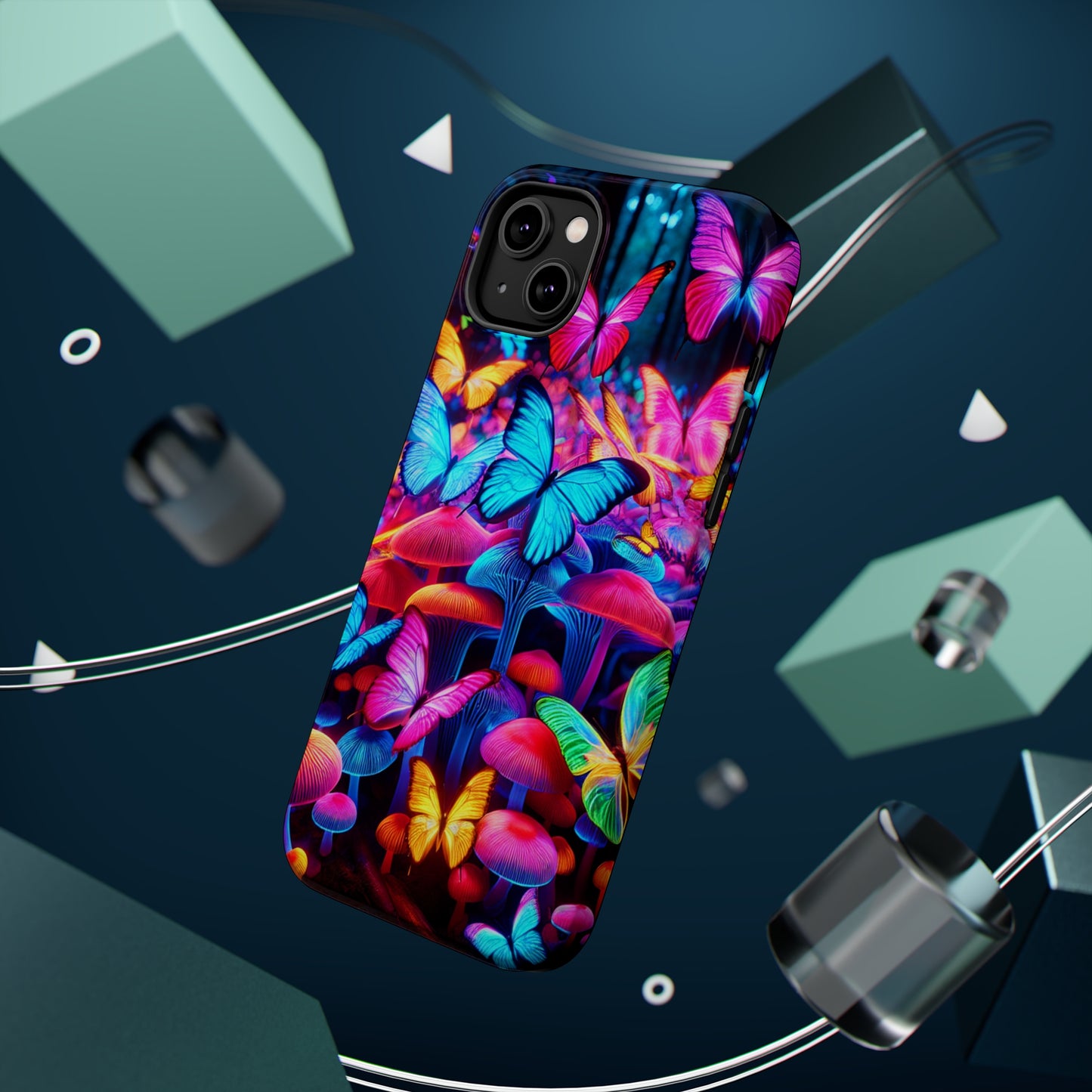 "Neon Tie-Dye Garden" Neon Butterflies and Mushrooms Premium Art Magsafe Magnet Tough IPhone 13 14 15 Pro Plus Max and Mini in Matte and Glossy Phone cases