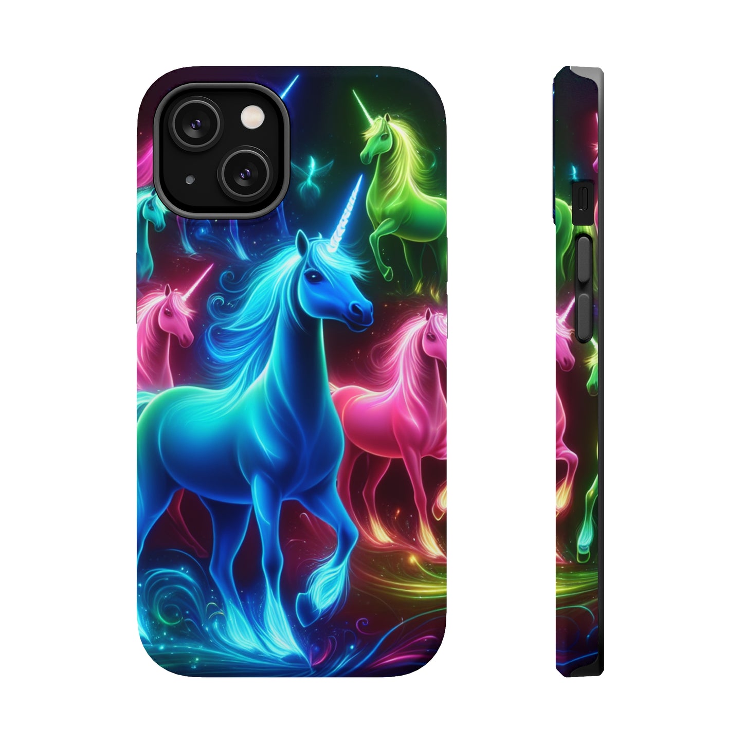 Neon Rainbow Herd. Neon Unicorns Premium Art Magsafe Magnet Tough IPhone 13 14 15 Pro Plus Max and Mini in Matte and Glossy Phone cases