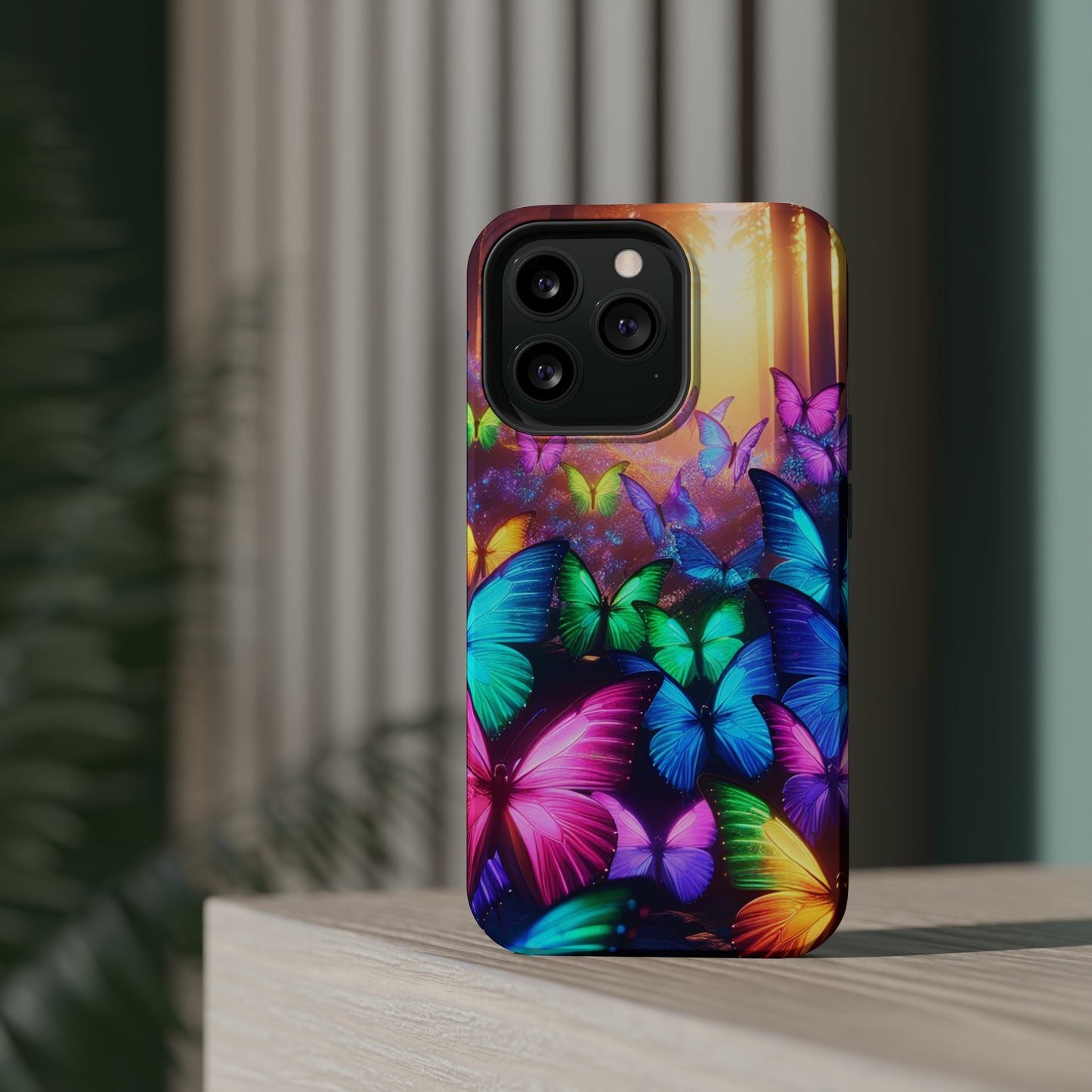 "Radiant Glowing Flight" Neon Butterflies Premium Art Magsafe Magnet Tough IPhone 13 14 15 Pro Plus Max and Mini in Matte and Glossy Phone cases