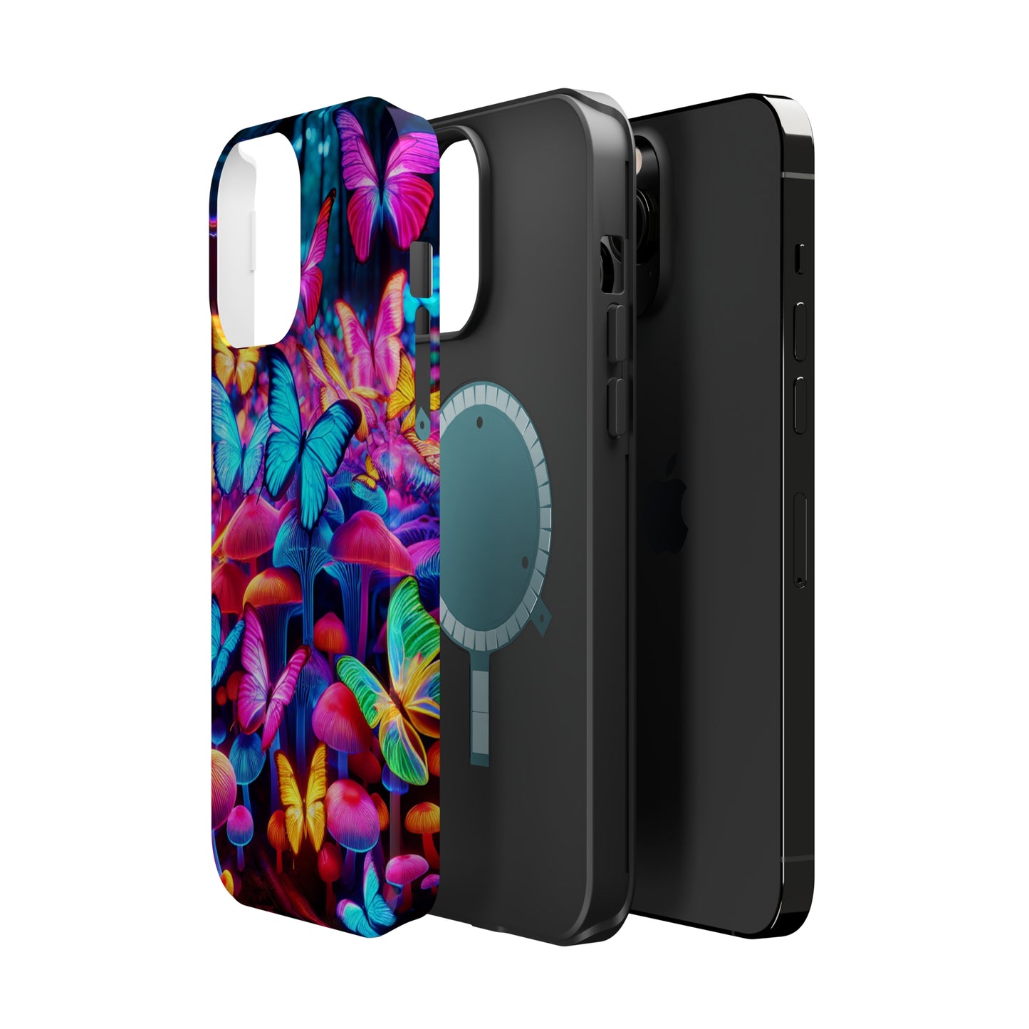 "Neon Tie-Dye Garden" Neon Butterflies and Mushrooms Premium Art Magsafe Magnet Tough IPhone 13 14 15 Pro Plus Max and Mini in Matte and Glossy Phone cases