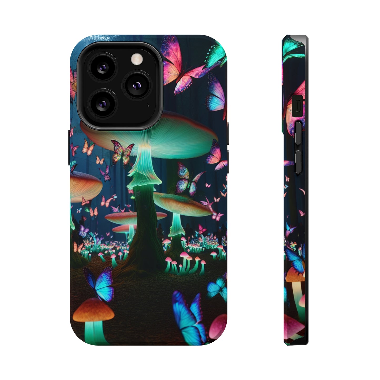 Neon Garden Delight. Neon Butterflies and Mushrooms Premium Art Magsafe Magnet Tough IPhone 13 14 15 Pro Plus Max and Mini in Matte and Glossy Phone cases