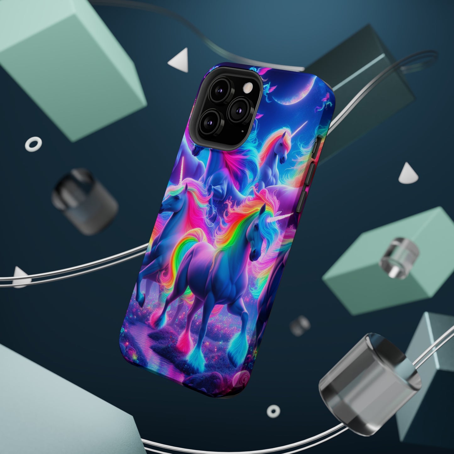 "Unicorn Prism" Neon Unicorns Premium Art Magsafe Magnet Tough IPhone 13 14 15 Pro Plus Max and Mini in Matte and Glossy Phone cases