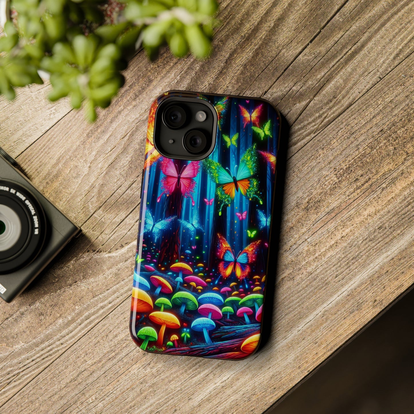Neon Fantasia. Neon Butterflies and Mushrooms Premium Art Magsafe Magnet Tough IPhone 13 14 15 Pro Plus Max and Mini in Matte and Glossy Phone cases
