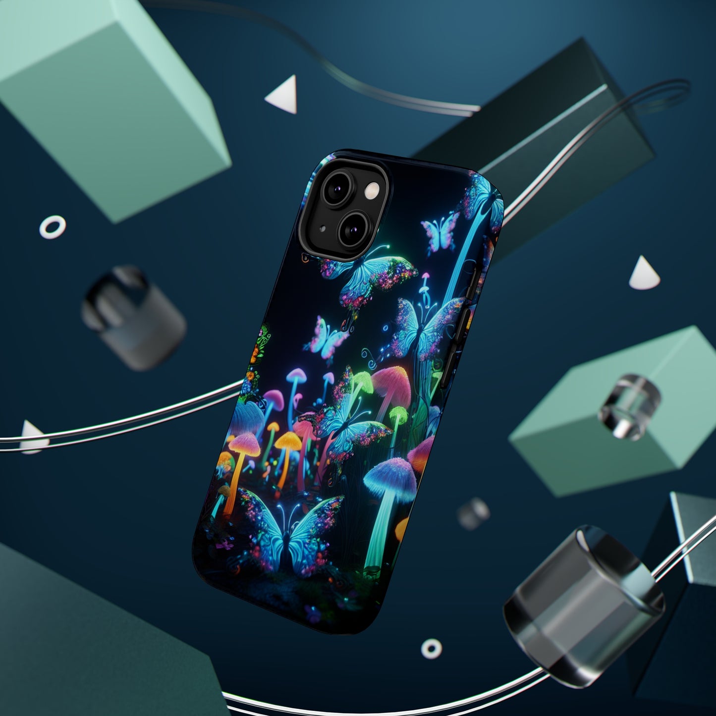 "Neon Dreamscape" Neon Butterflies and Mushrooms Premium Art Magsafe Magnet Tough IPhone 13 14 15 Pro Plus Max and Mini in Matte and Glossy Phone cases