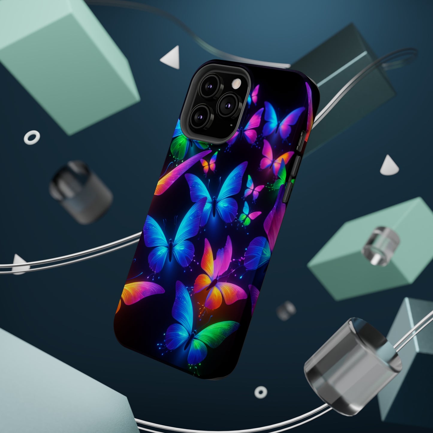 "Vibrant Neon Flutter" Neon Butterflies Premium Art Magsafe Magnet Tough IPhone 13 14 15 Pro Plus Max and Mini in Matte and Glossy Phone cases