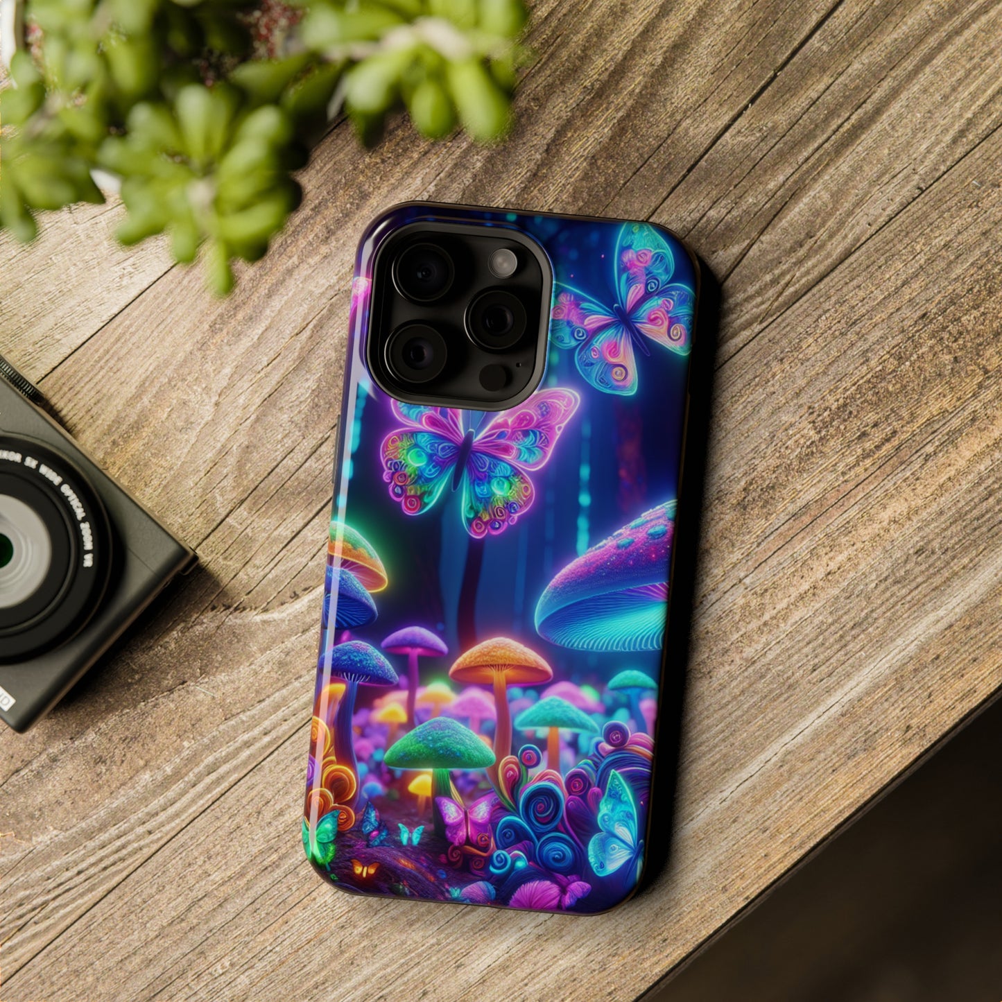Neon Ecstasy. Neon Butterflies and Mushrooms Premium Art Magsafe Magnet Tough IPhone 13 14 15 Pro Plus Max and Mini in Matte and Glossy Phone cases
