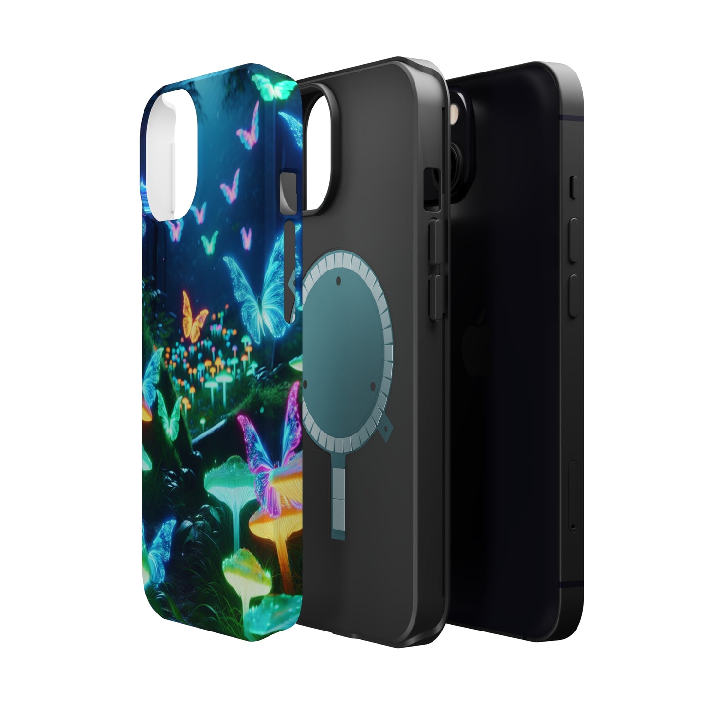 "Neon Meadow" Neon Butterflies and Mushrooms Premium Art Magsafe Magnet Tough IPhone 13 14 15 Pro Plus Max and Mini in Matte and Glossy Phone cases