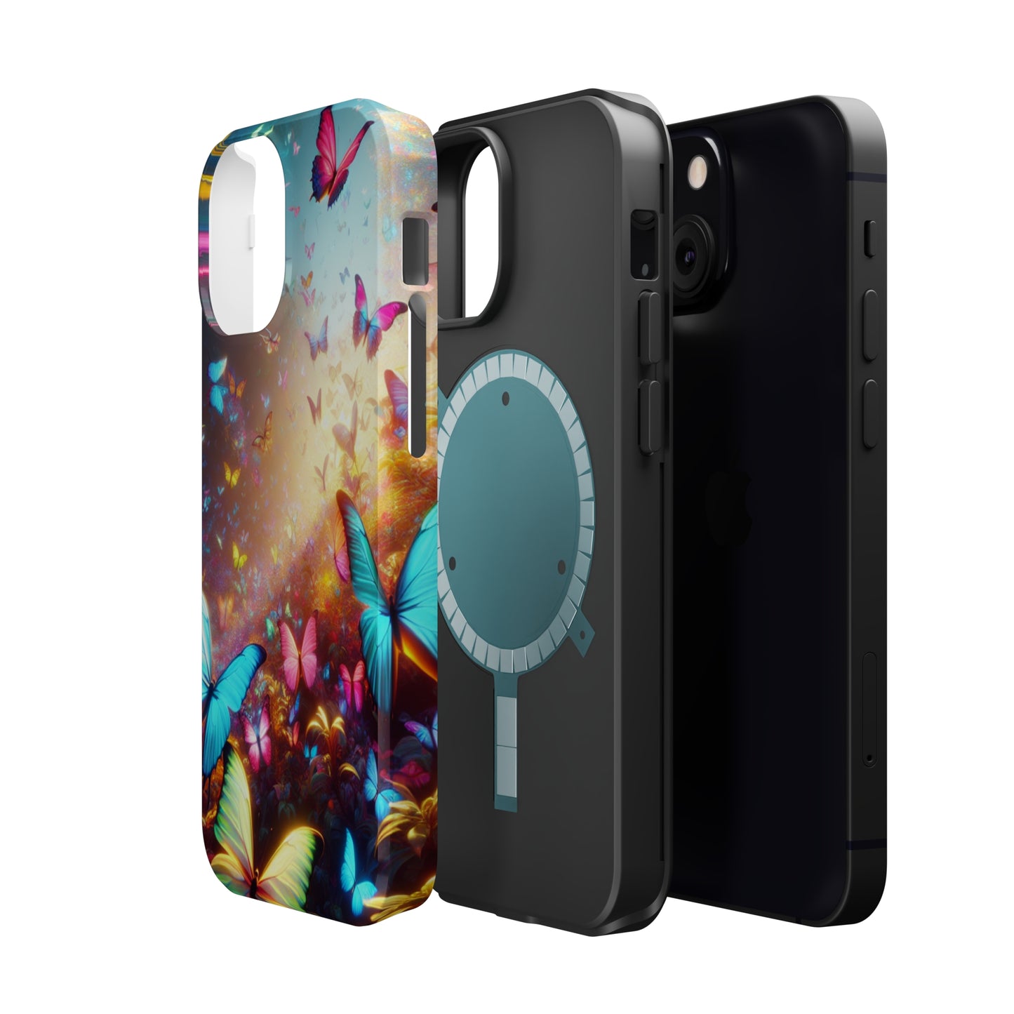 "Neon Butterfly Blooms" Neon Butterflies Premium Art Magsafe Magnet Tough IPhone 13 14 15 Pro Plus Max and Mini in Matte and Glossy Phone cases