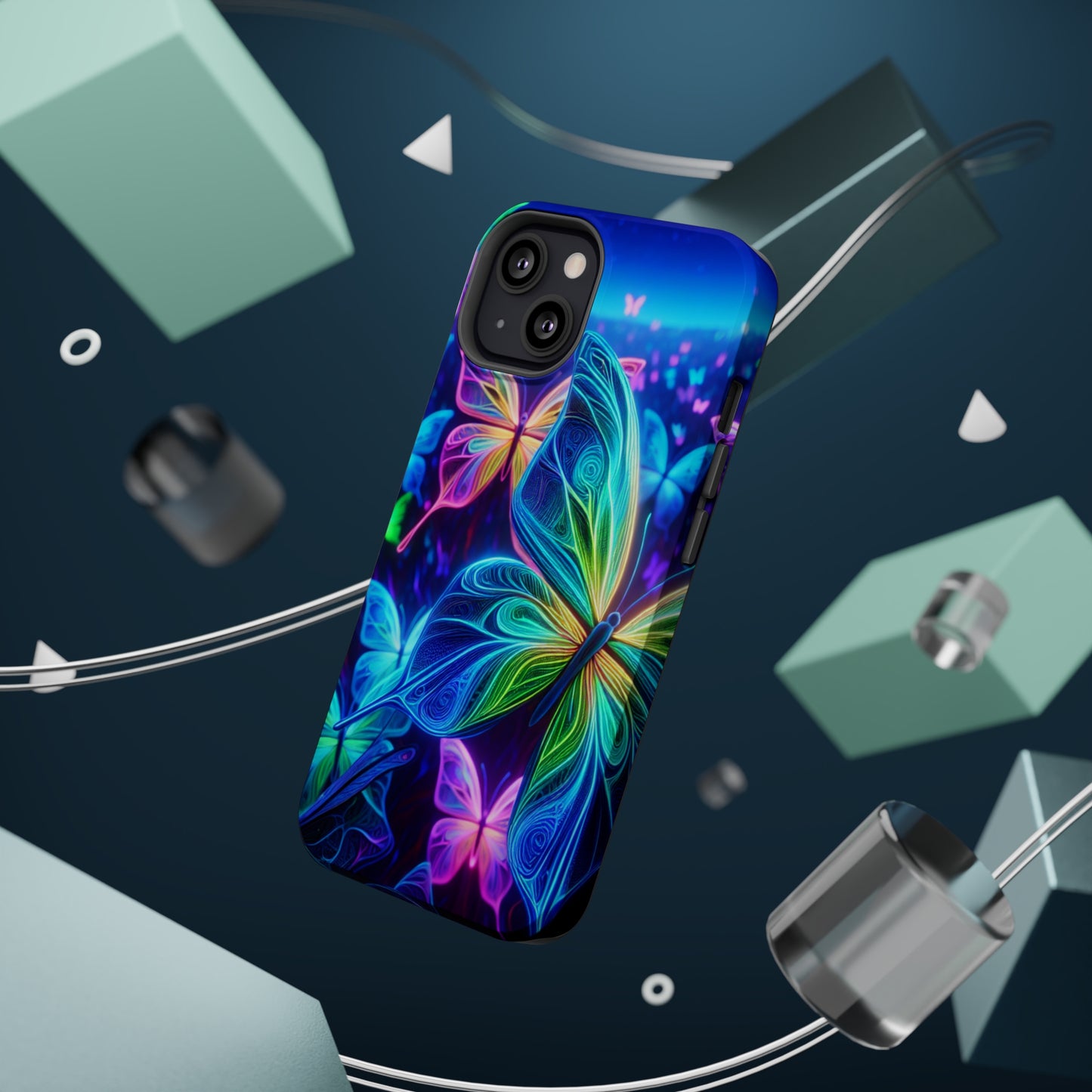 'Serene Spectacle of Neon Butterflies' Neon Butterflies Premium Art Magsafe Magnet Tough IPhone 13 14 15 Pro Plus Max and Mini in Matte and Glossy Phone cases