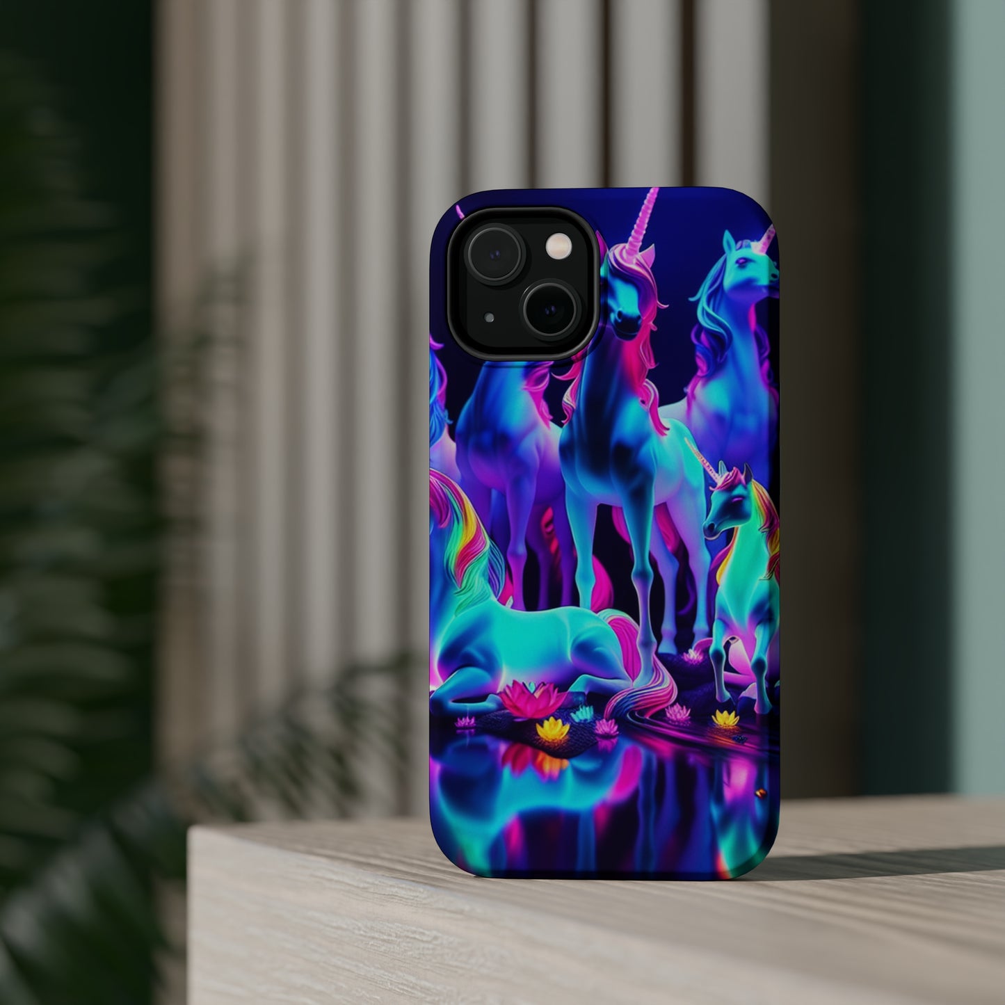 'Neon Dreamscape of Uni-Colors' Neon Unicorns Premium Art Magsafe Magnet Tough IPhone 13 14 15 Pro Plus Max and Mini in Matte and Glossy Phone cases