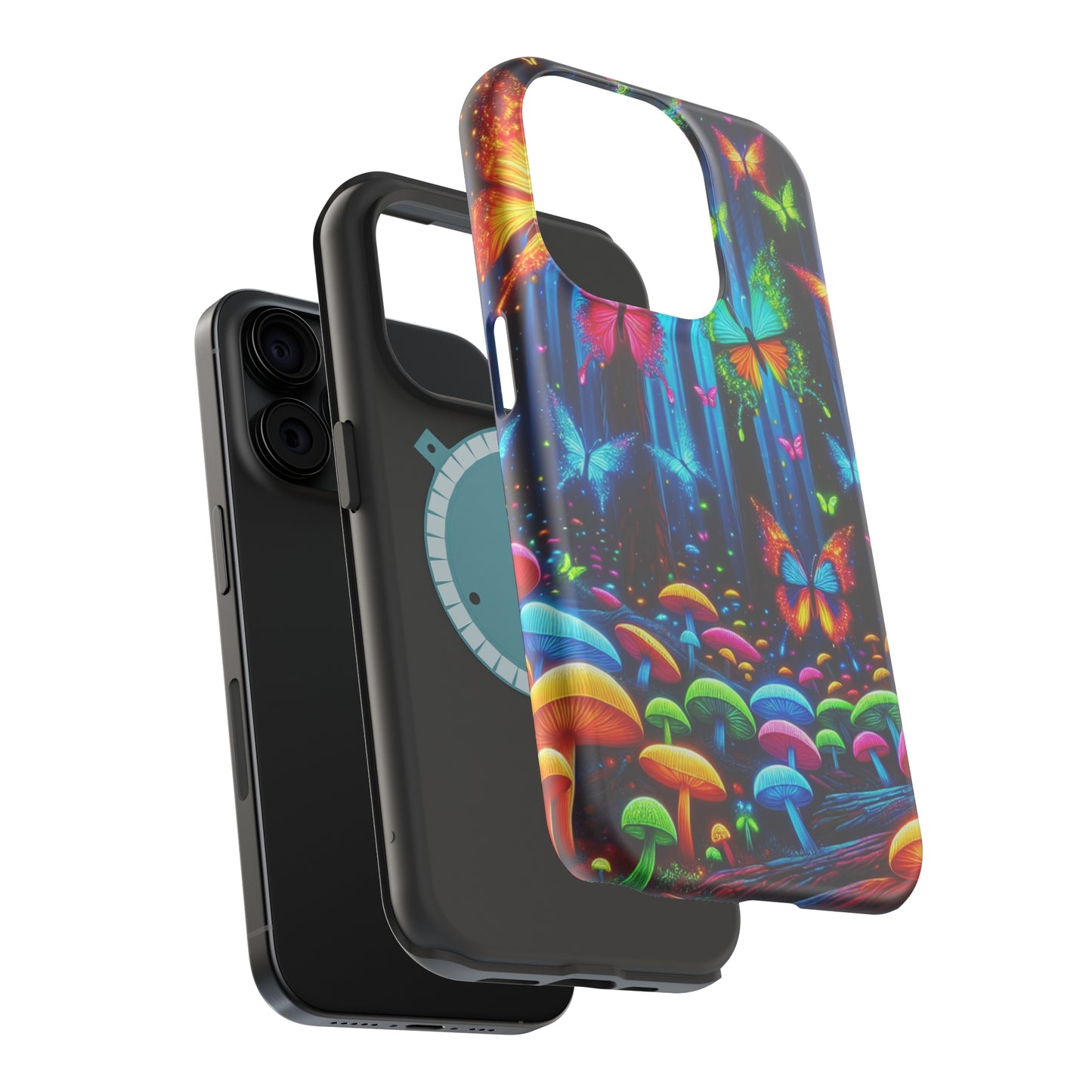 Neon Fantasia. Neon Butterflies and Mushrooms Premium Art Magsafe Magnet Tough IPhone 13 14 15 Pro Plus Max and Mini in Matte and Glossy Phone cases