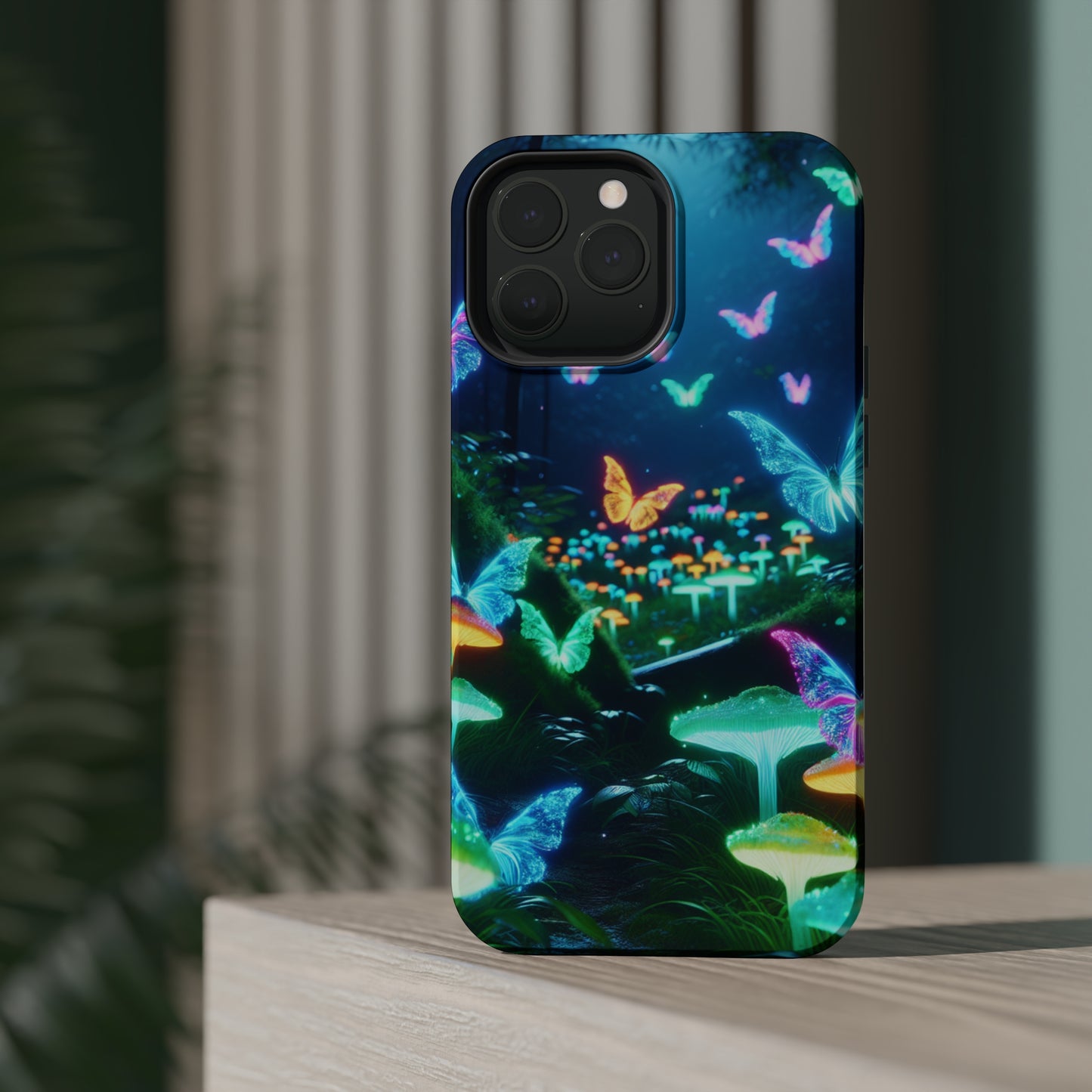 "Neon Meadow" Neon Butterflies and Mushrooms Premium Art Magsafe Magnet Tough IPhone 13 14 15 Pro Plus Max and Mini in Matte and Glossy Phone cases