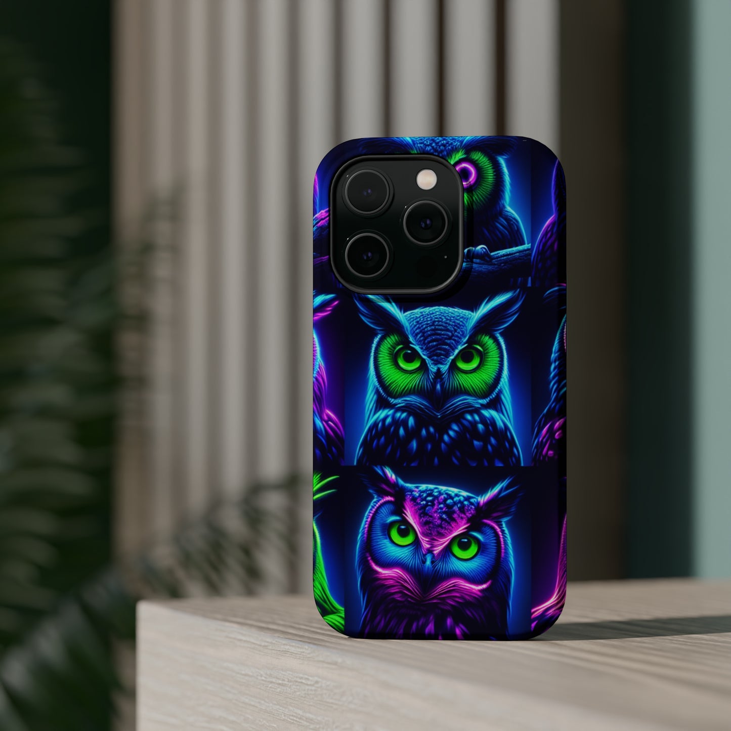 "Neon Nocturne" Neon Owls Premium Art Magsafe Magnet Tough IPhone 13 14 15 Pro Plus Max and Mini in Matte and Glossy Phone cases