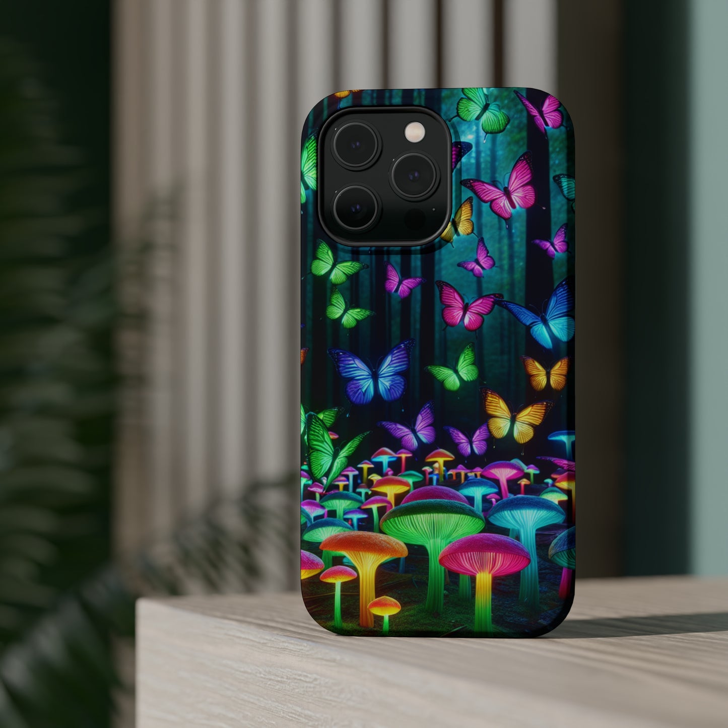 "Vivid Neon Splendor" Neon Butterflies and Mushrooms Premium Art Magsafe Magnet Tough IPhone 13 14 15 Pro Plus Max and Mini in Matte and Glossy Phone cases