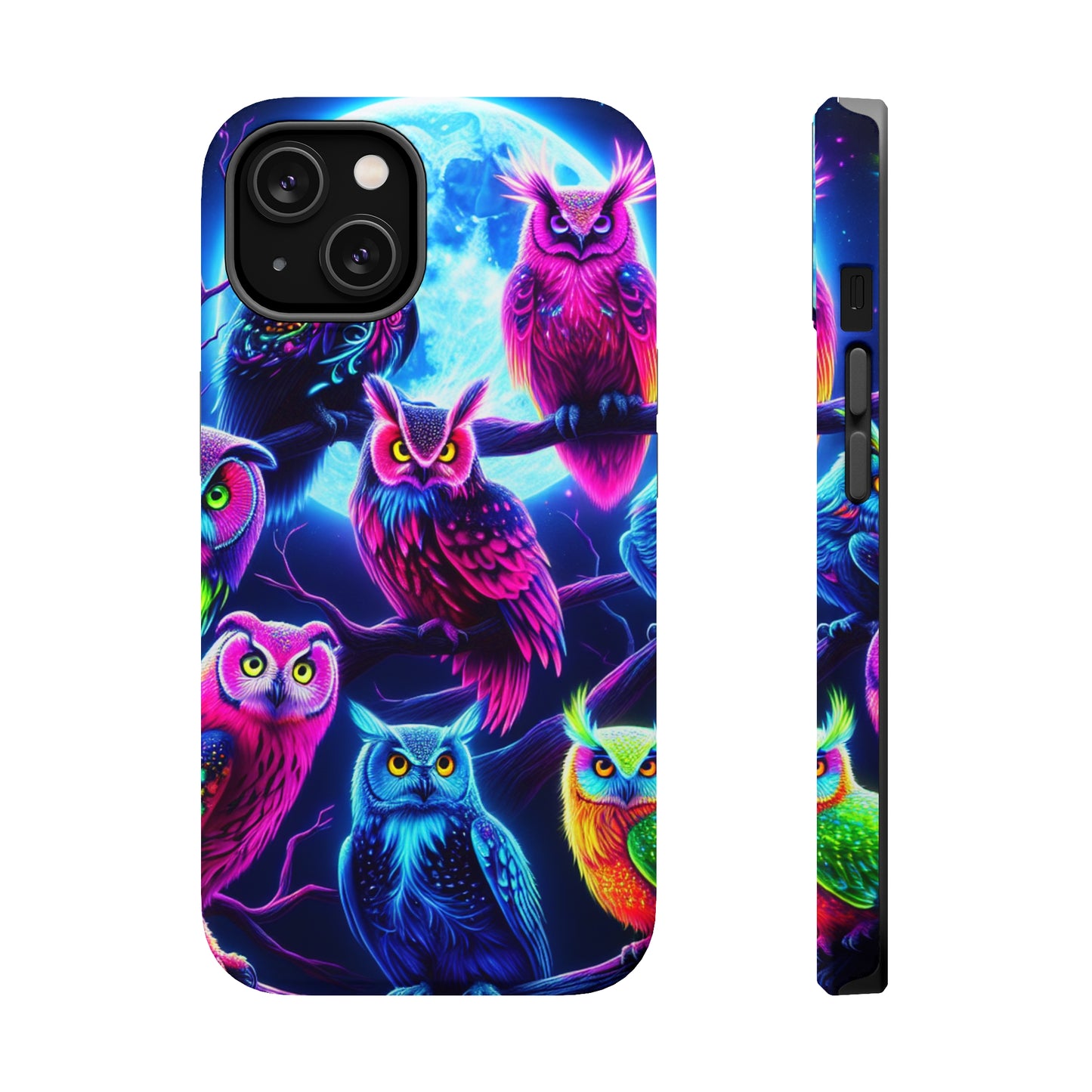 "Neon Splash of Owls" Neon Owls Premium Art Magsafe Magnet Tough IPhone 13 14 15 Pro Plus Max and Mini in Matte and Glossy Phone cases