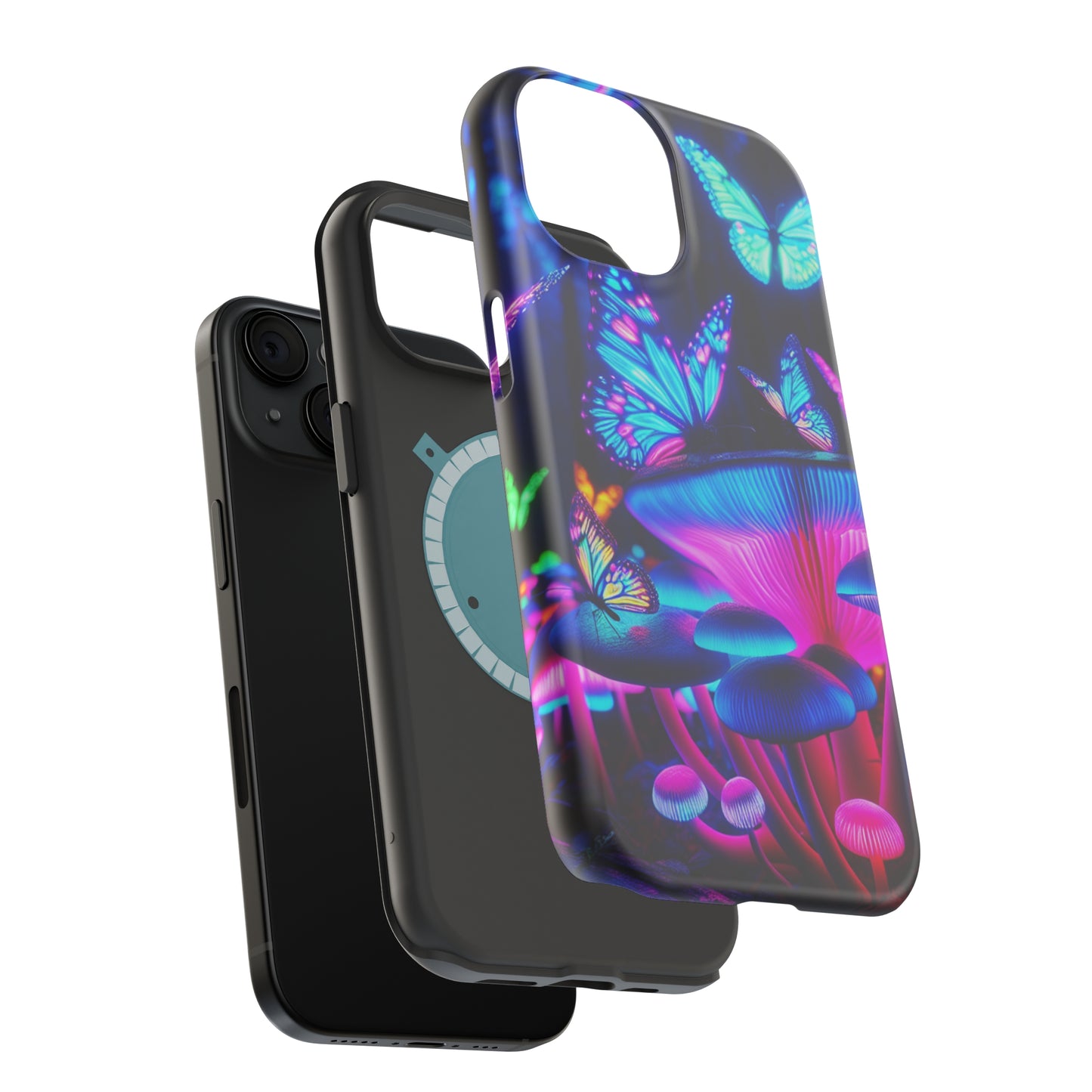 Neon Fantasy Garden Neon Butterflies and Mushrooms Premium Art Magsafe Magnet Tough IPhone 13 14 15 Pro Plus Max and Mini in Matte and Glossy Phone cases