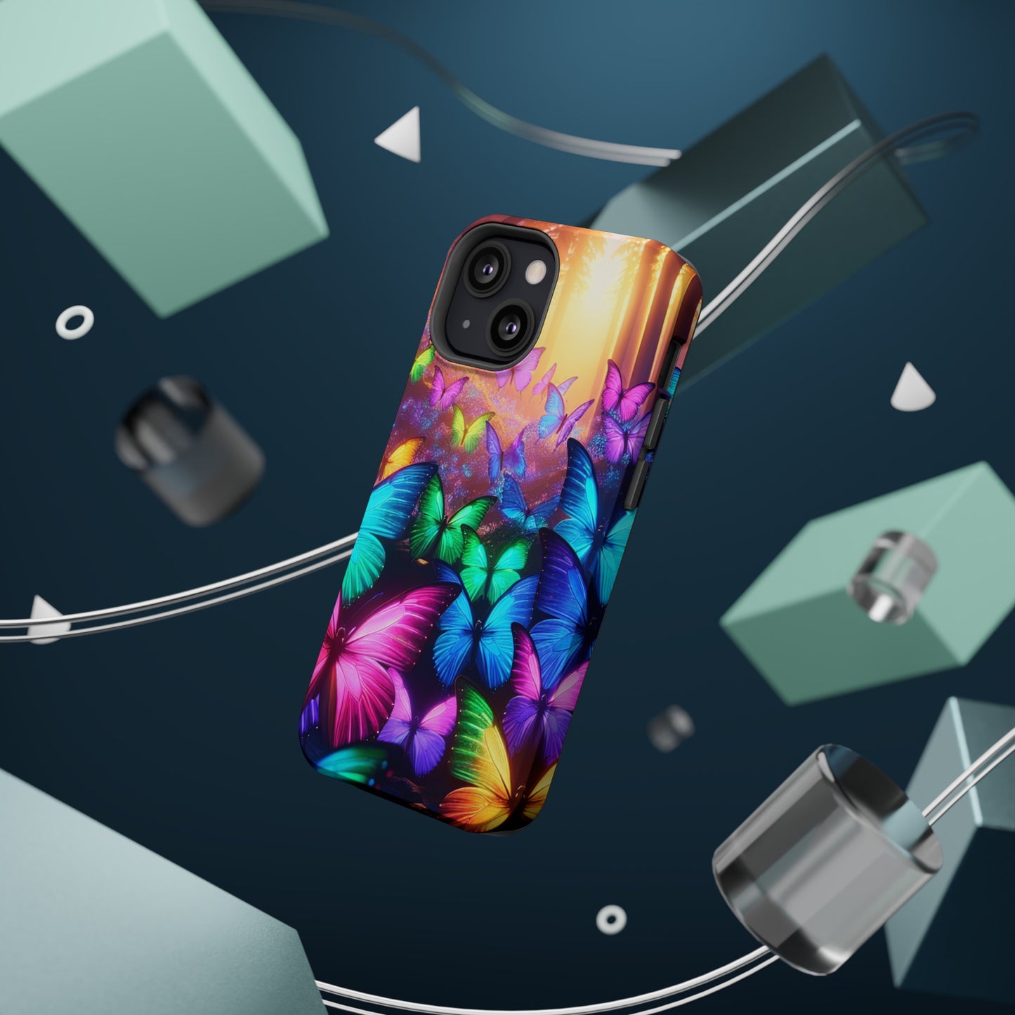 "Radiant Glowing Flight" Neon Butterflies Premium Art Magsafe Magnet Tough IPhone 13 14 15 Pro Plus Max and Mini in Matte and Glossy Phone cases